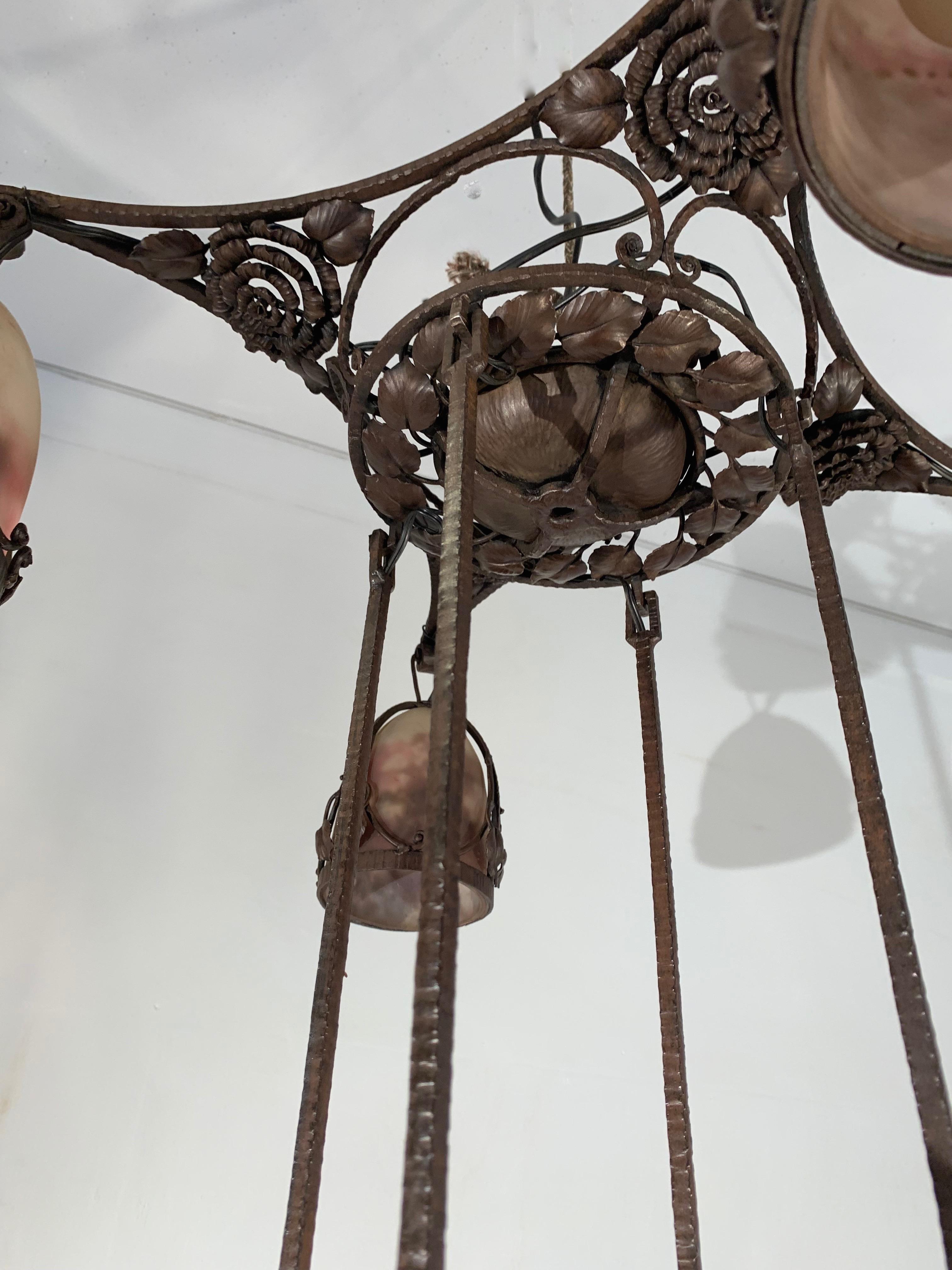 Monumental Art Deco Two-Tiers Chandelier, Wrought Iron & Glass Muller Freres For Sale 7