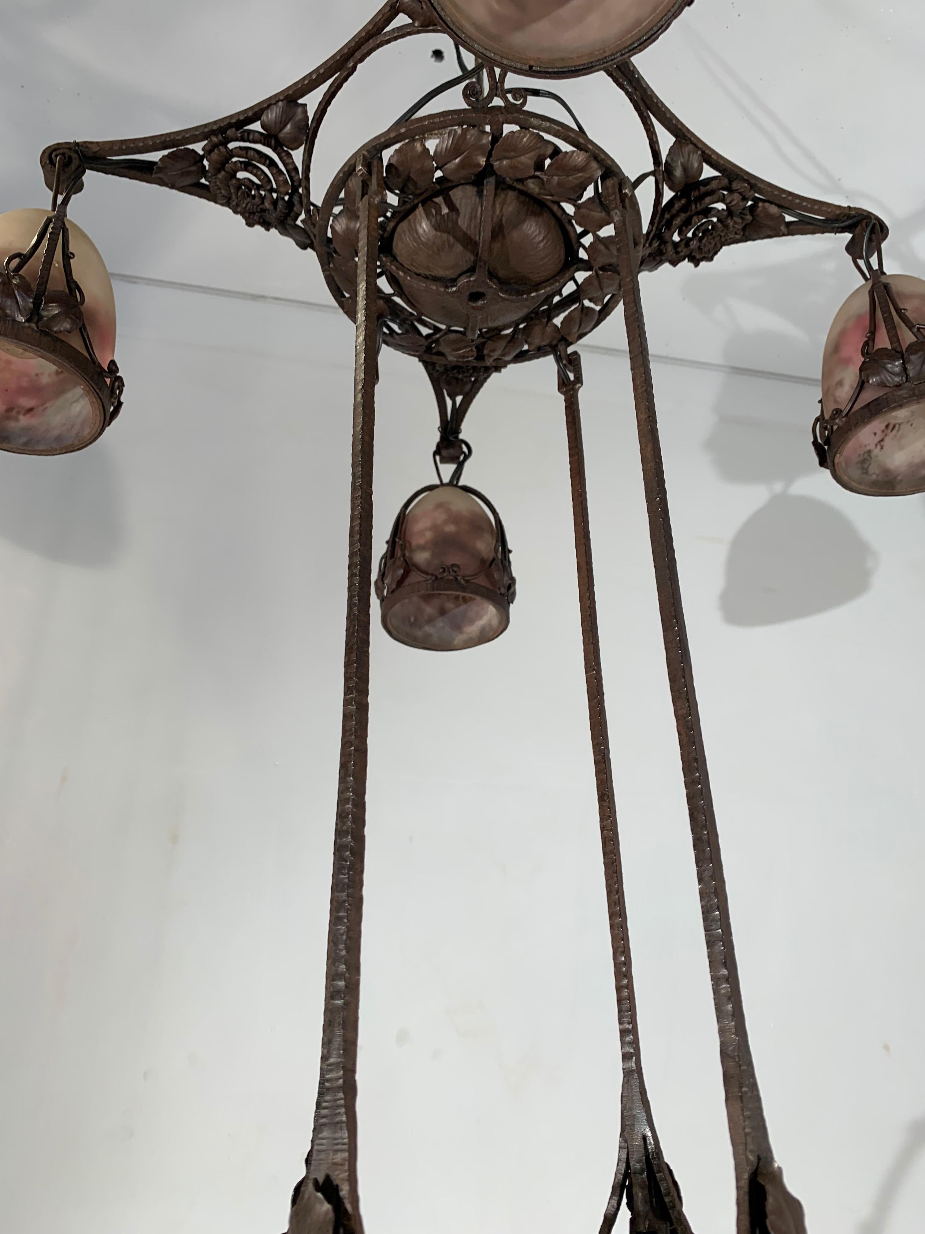 Monumental Art Deco Two-Tiers Chandelier, Wrought Iron & Glass Muller Freres For Sale 8