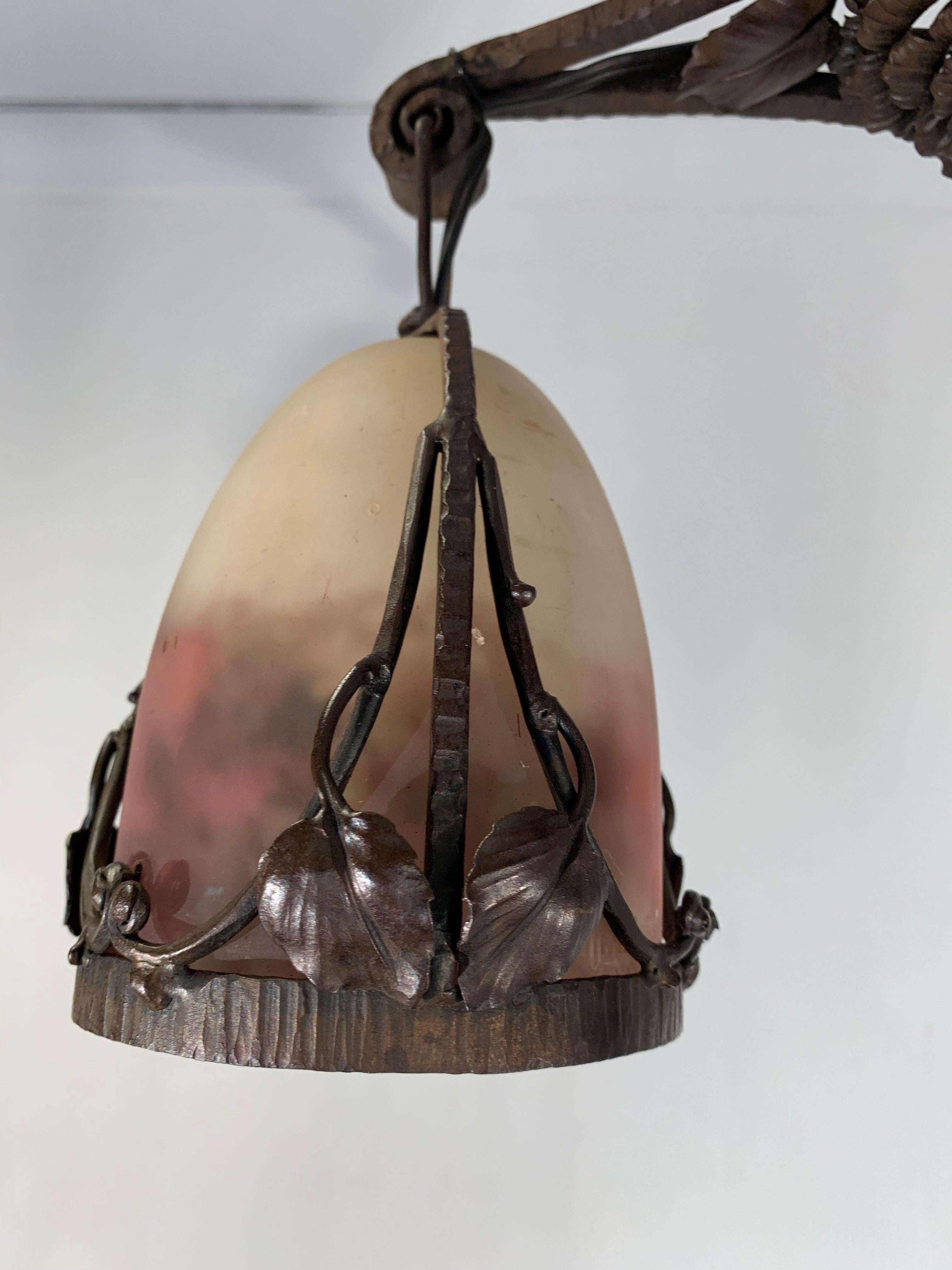 Monumental Art Deco Two-Tiers Chandelier, Wrought Iron & Glass Muller Freres For Sale 9