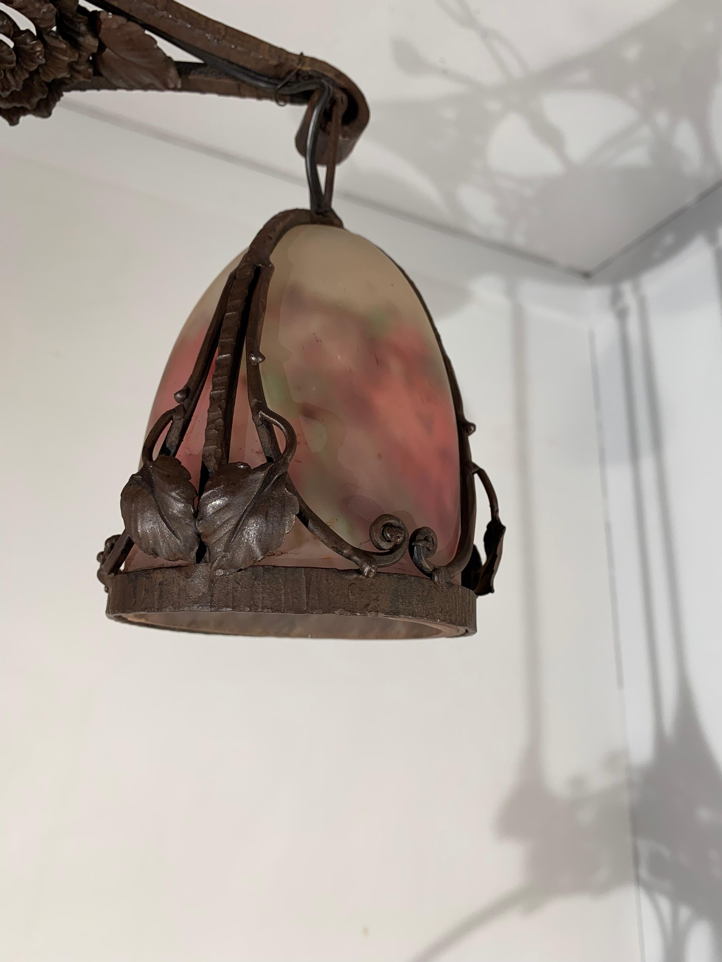 Monumental Art Deco Two-Tiers Chandelier, Wrought Iron & Glass Muller Freres For Sale 10