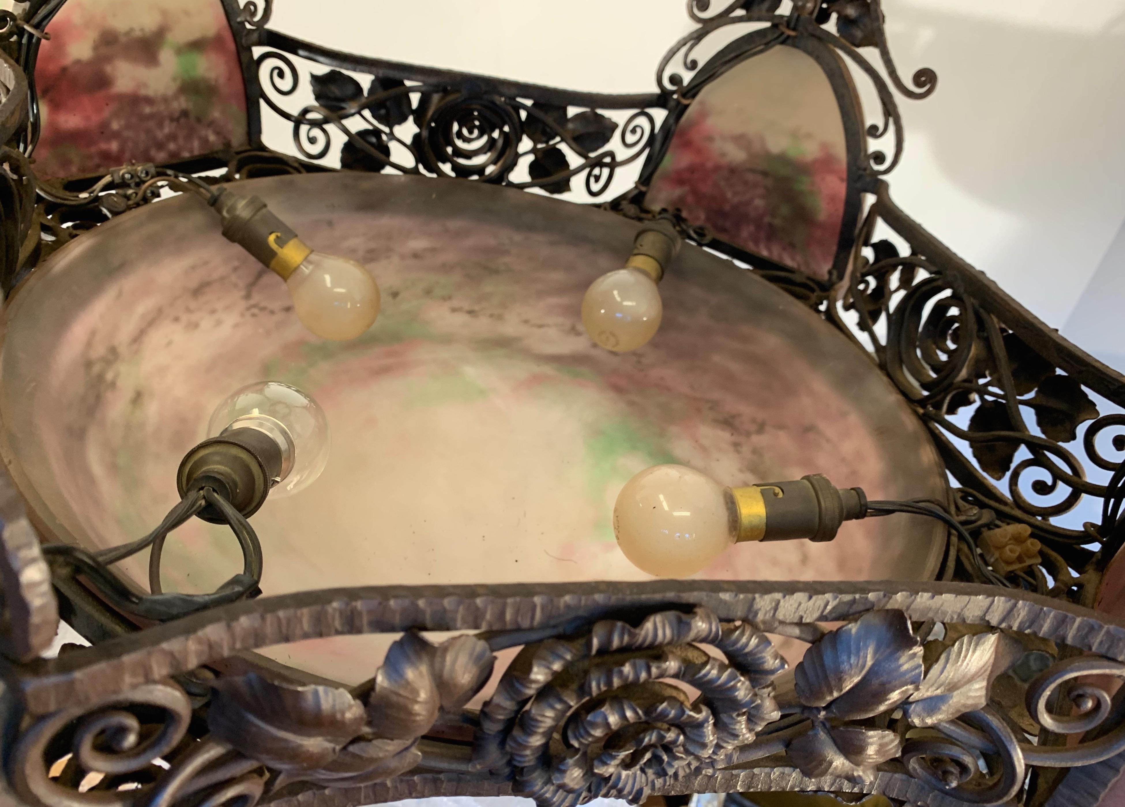 Monumental Art Deco Two-Tiers Chandelier, Wrought Iron & Glass Muller Freres For Sale 13