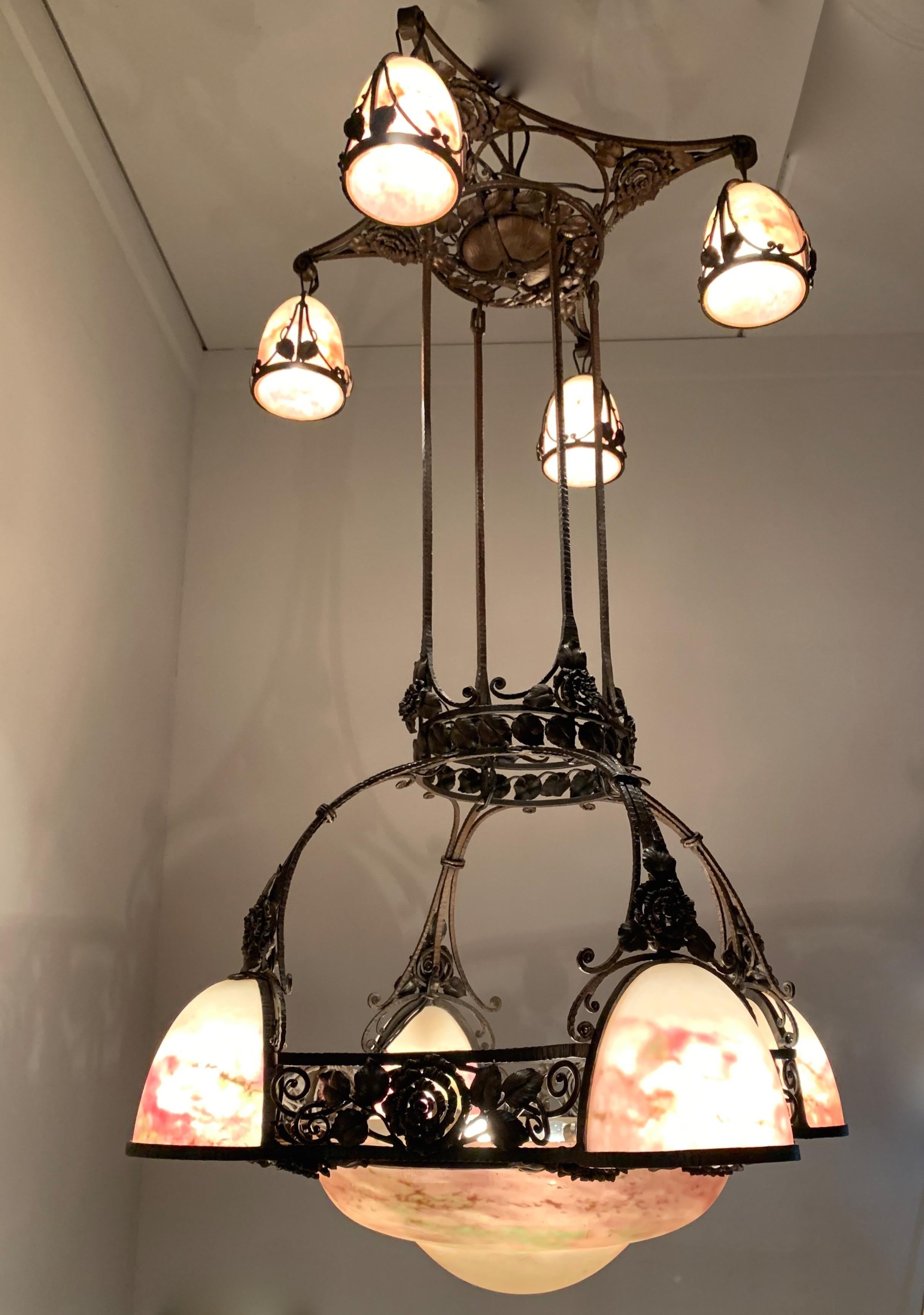 French Monumental Art Deco Chandelier, Wrought Iron & Paté Vert Glass Muller Freres  For Sale