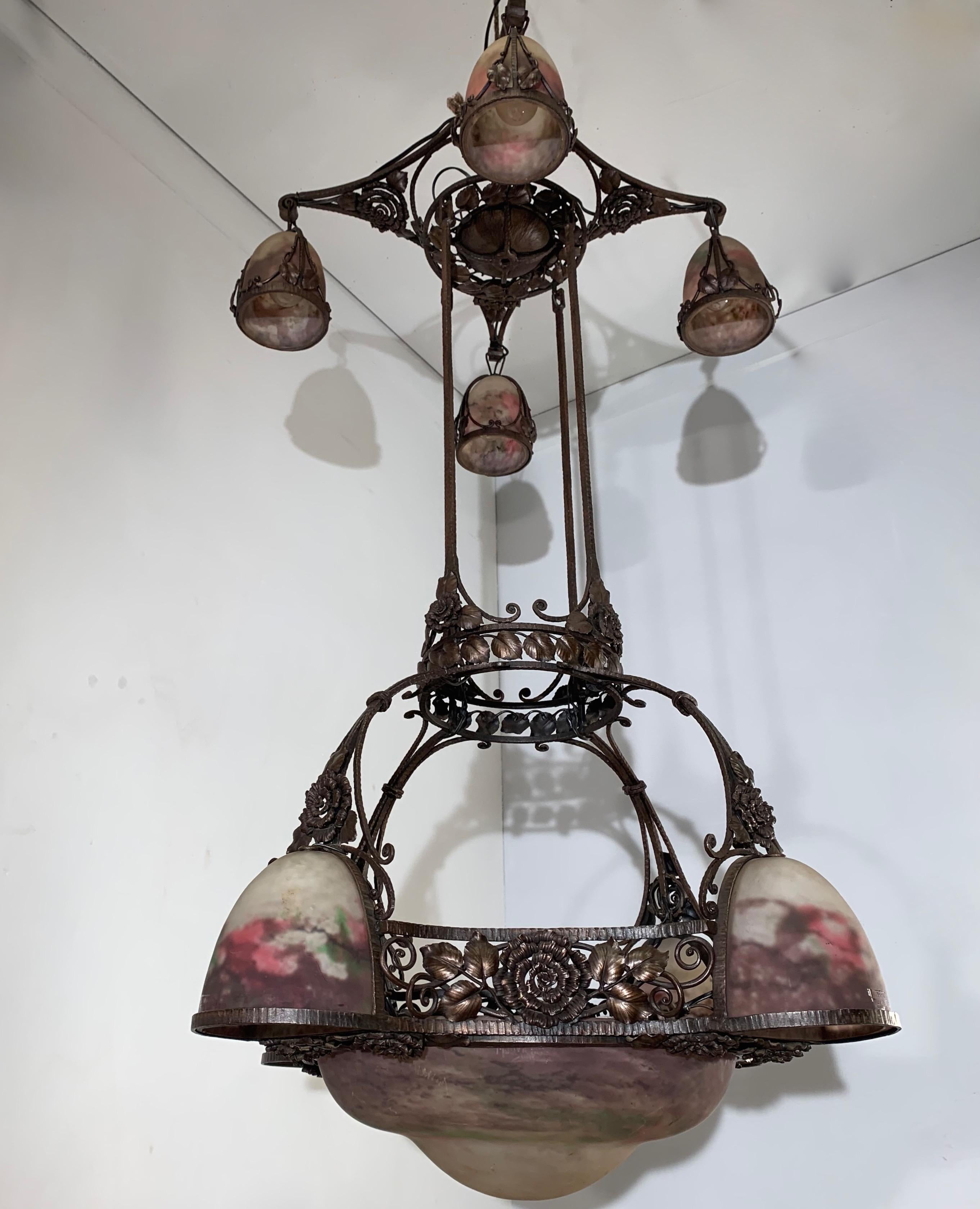 Forged Monumental Art Deco Chandelier, Wrought Iron & Paté Vert Glass Muller Freres  For Sale