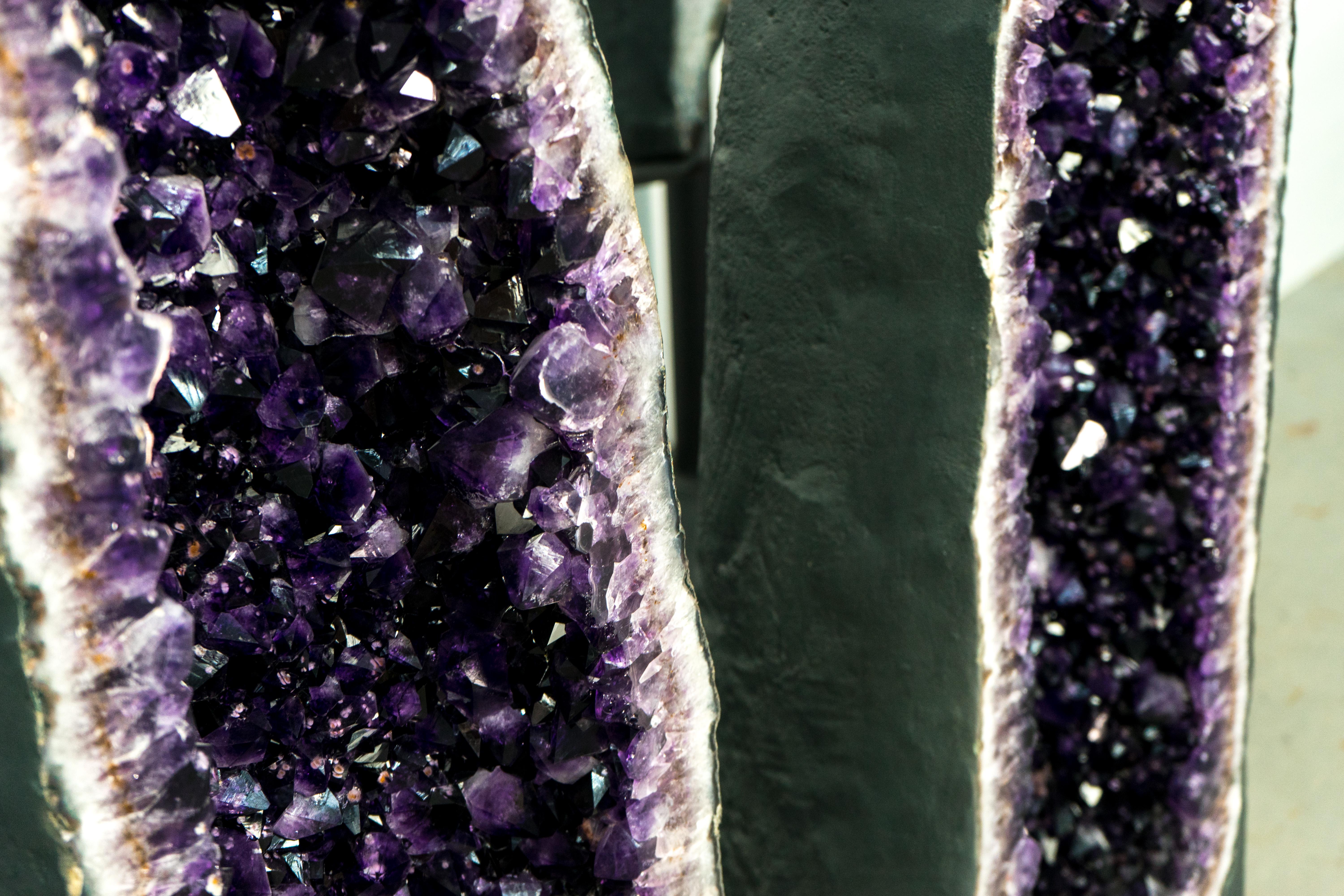 Contemporary X-Large Tall Amethyst Cathedral Geodes Pair - 5.7 Ft, 750 Lb, with AAA Druzy For Sale