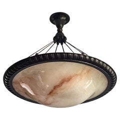 X Large Timeless Antique Alabaster Pendant / Chandelier in Circular Bronze Frame