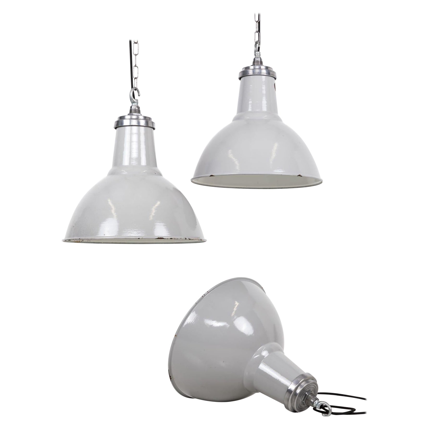 Grande lampe à suspension industrielle Thorlux vintage en émail gris, vers 1940