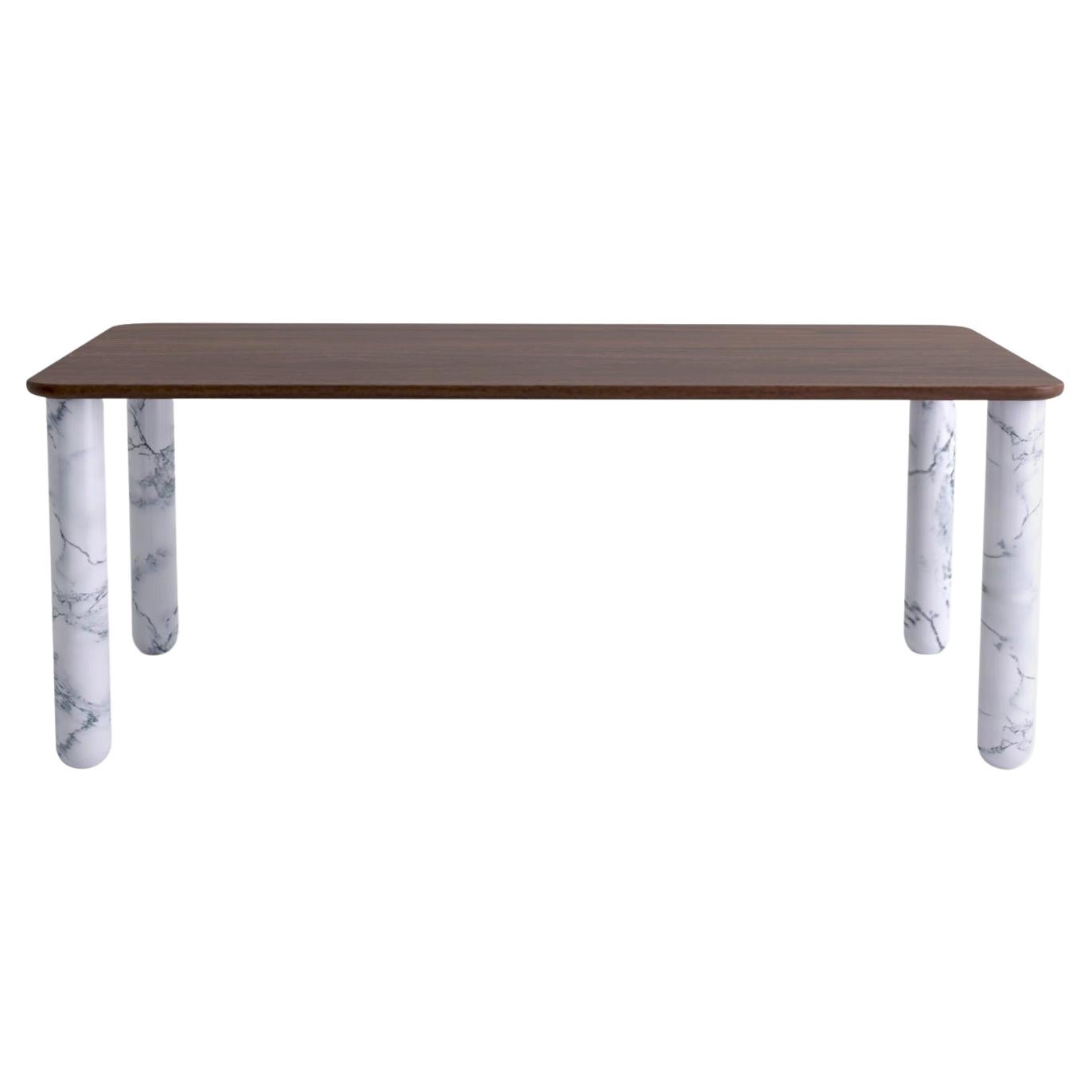 X Gran mesa de comedor "Sunday" de nogal y mármol blanco, Jean-Baptiste Souletie en venta
