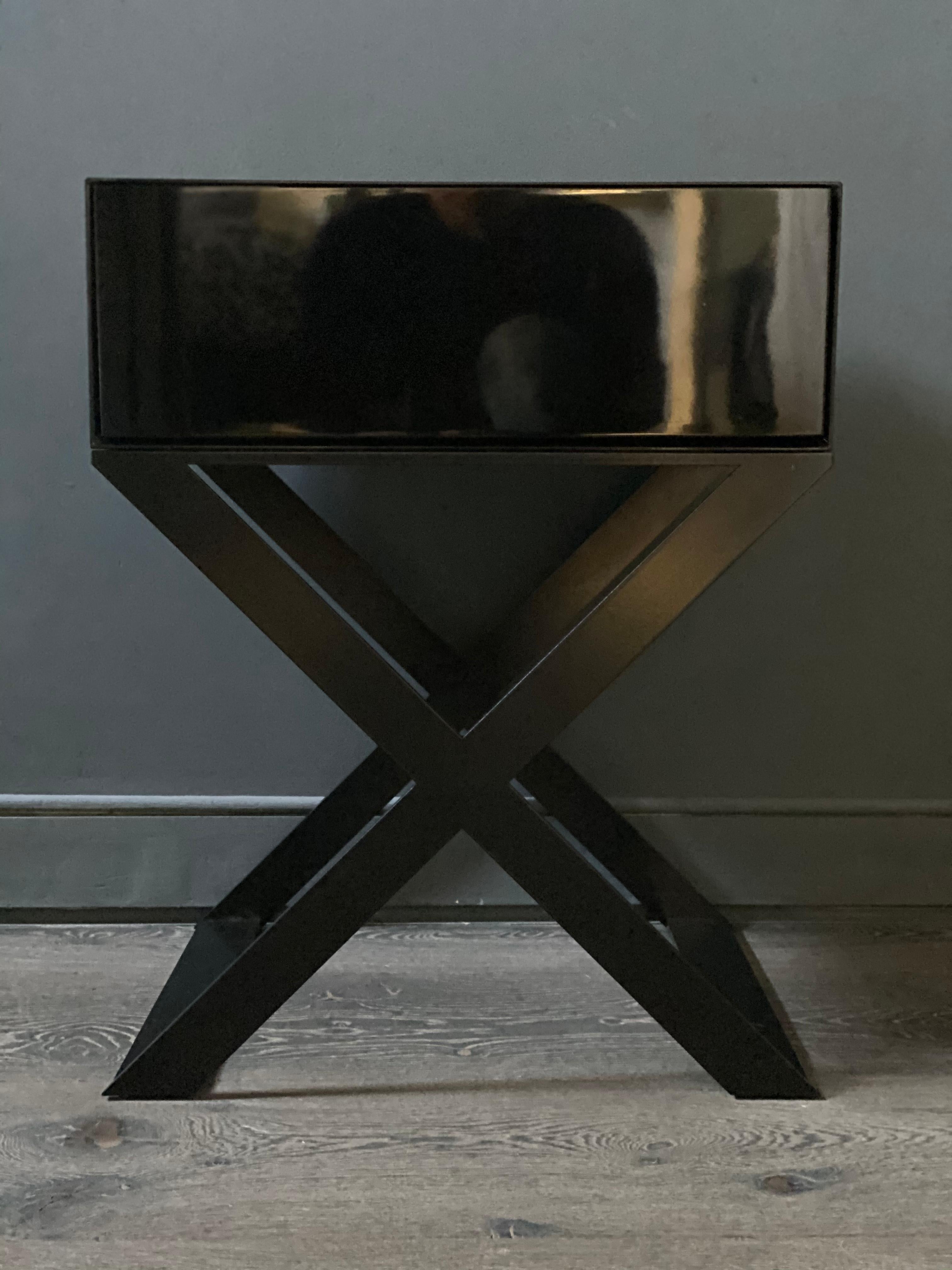 Custom Made X-Leg Bedside Table in Black Lacquered and Black Powder Coated Legs For Sale 2