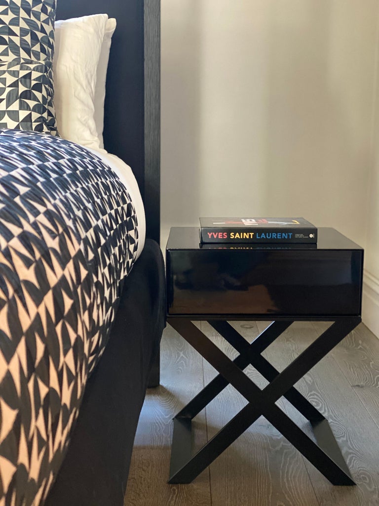 XLeg Bedside Table in Black Lacquered and Black Powder Coated Steel