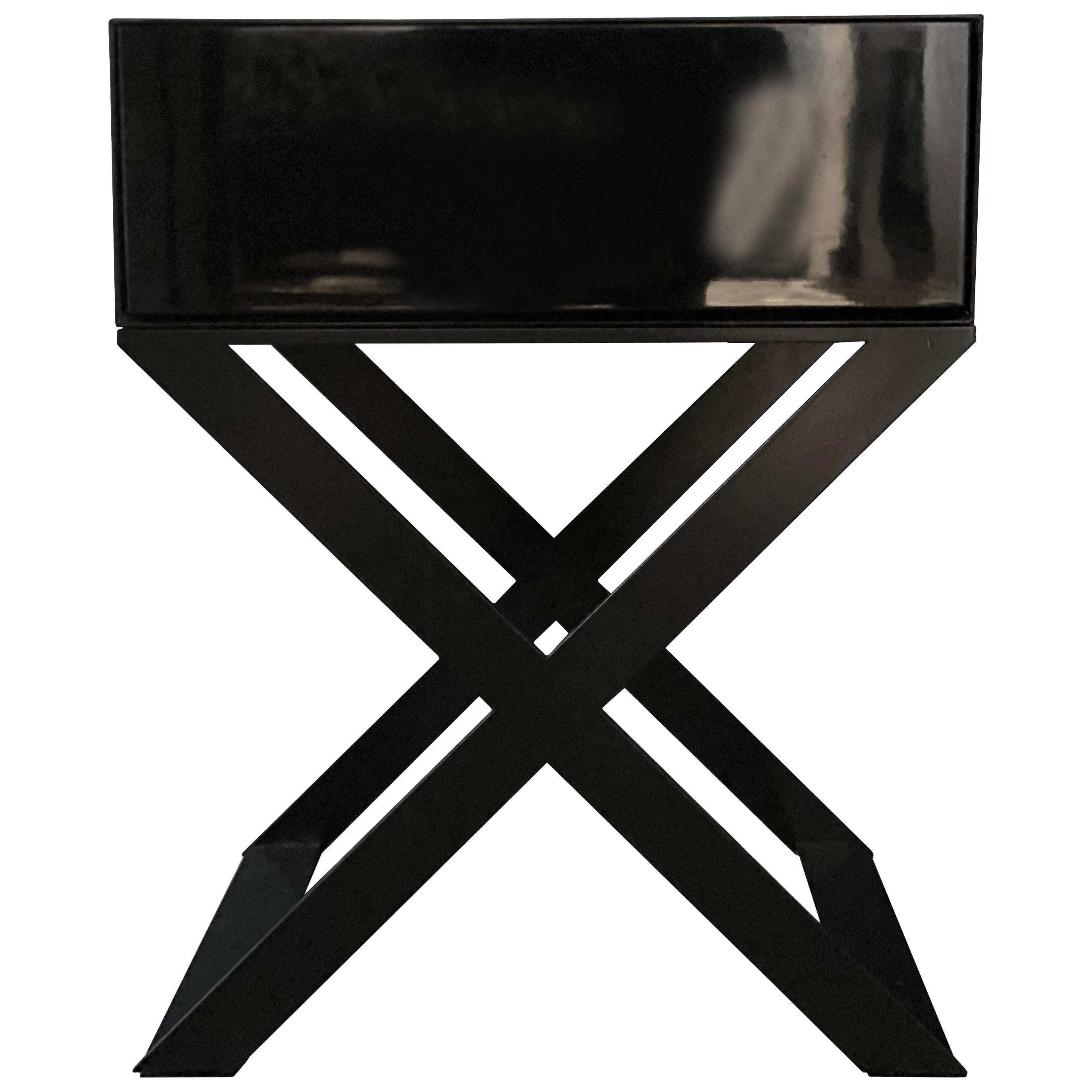Custom Made X-Leg Bedside Table in Black Lacquered and Black Powder Coated Legs