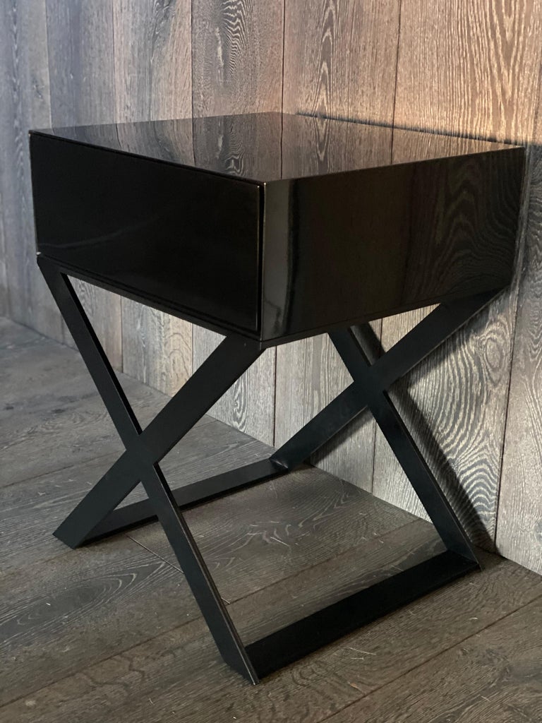 XLeg Bedside Table in Black Lacquered and Steel Legs For Sale at