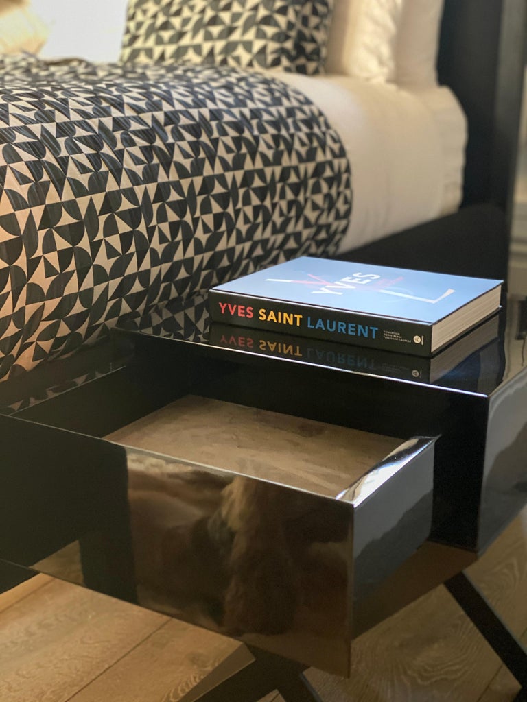 XLeg Bedside Table in Black Lacquered and Steel Legs For Sale at