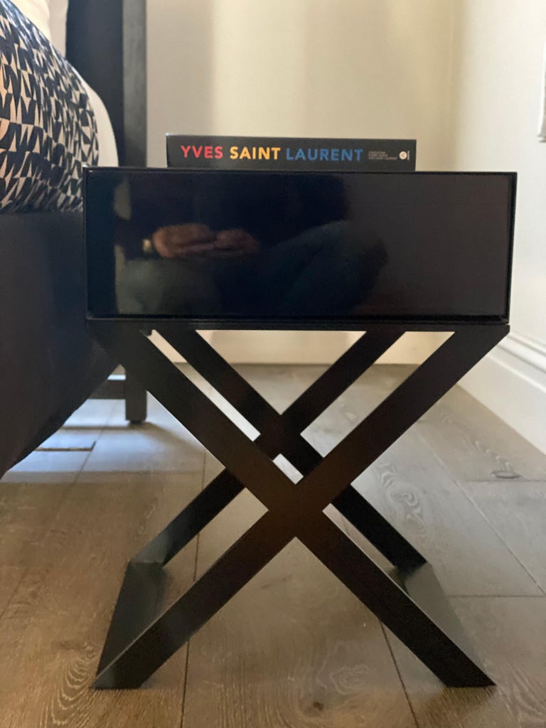 XLeg Bedside Table in Black Lacquered and Steel Legs For Sale at