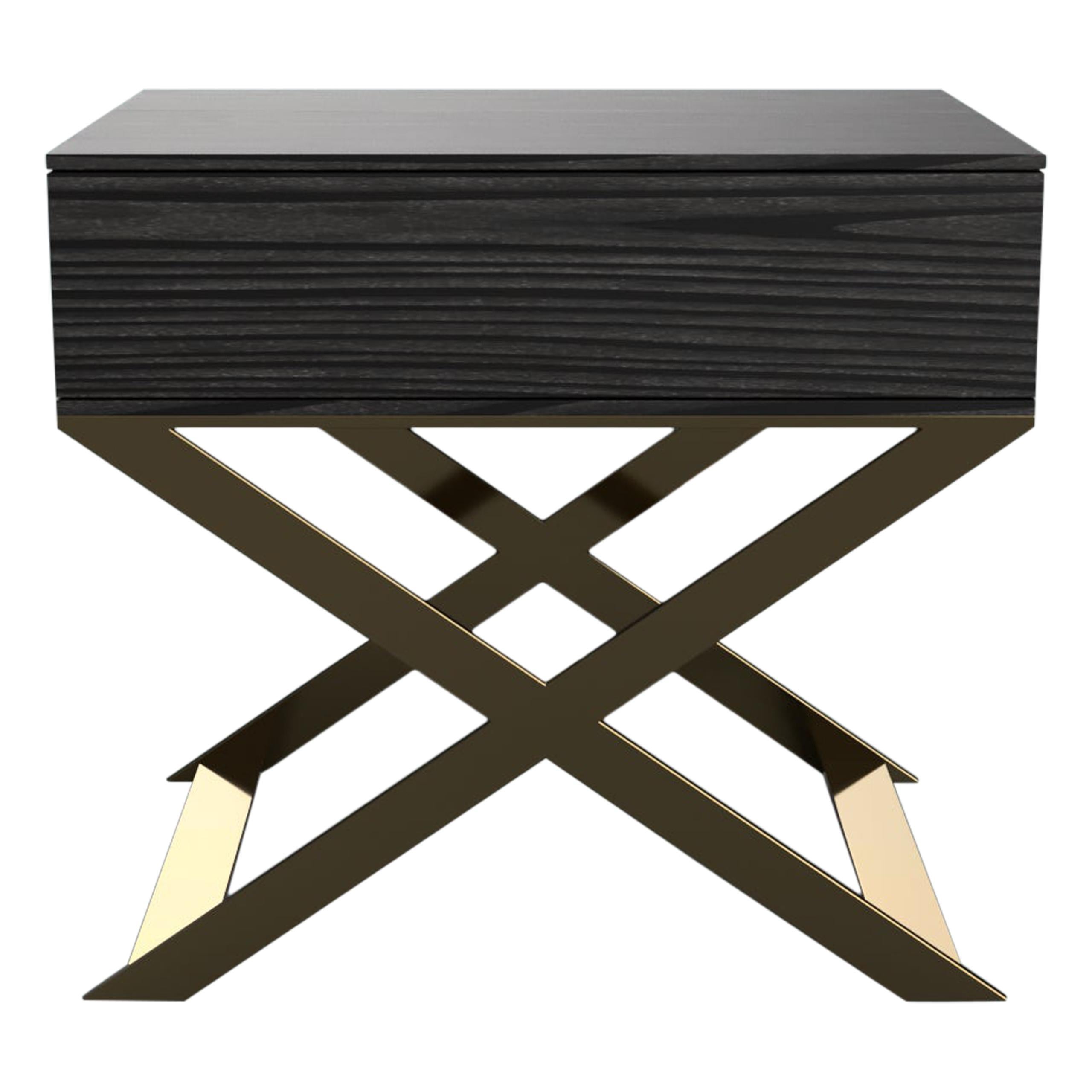 X-Leg Bedside Table in Black Lacquered and Steel Legs