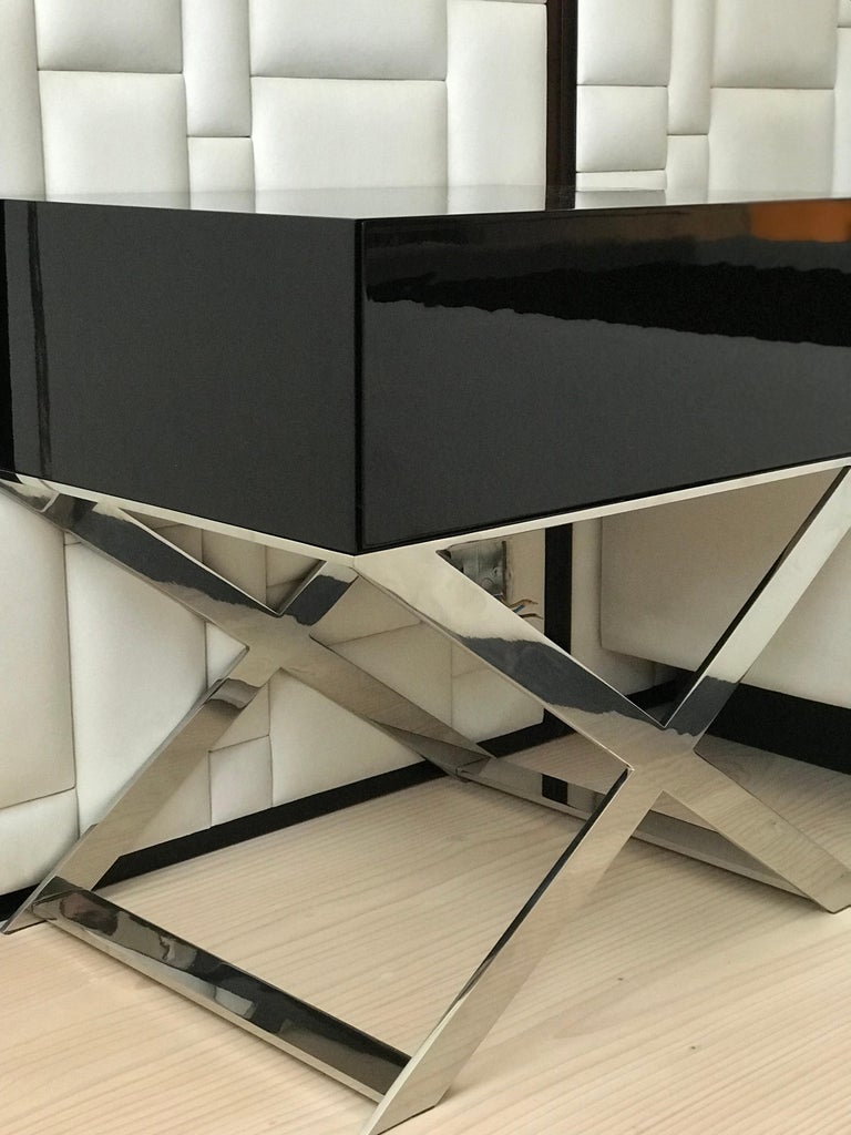 XLeg Bedside Table in Black Lacquered and Polished Stainless Steel