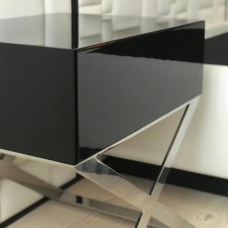 XLeg Bedside Table in Black Lacquered and Polished Stainless Steel