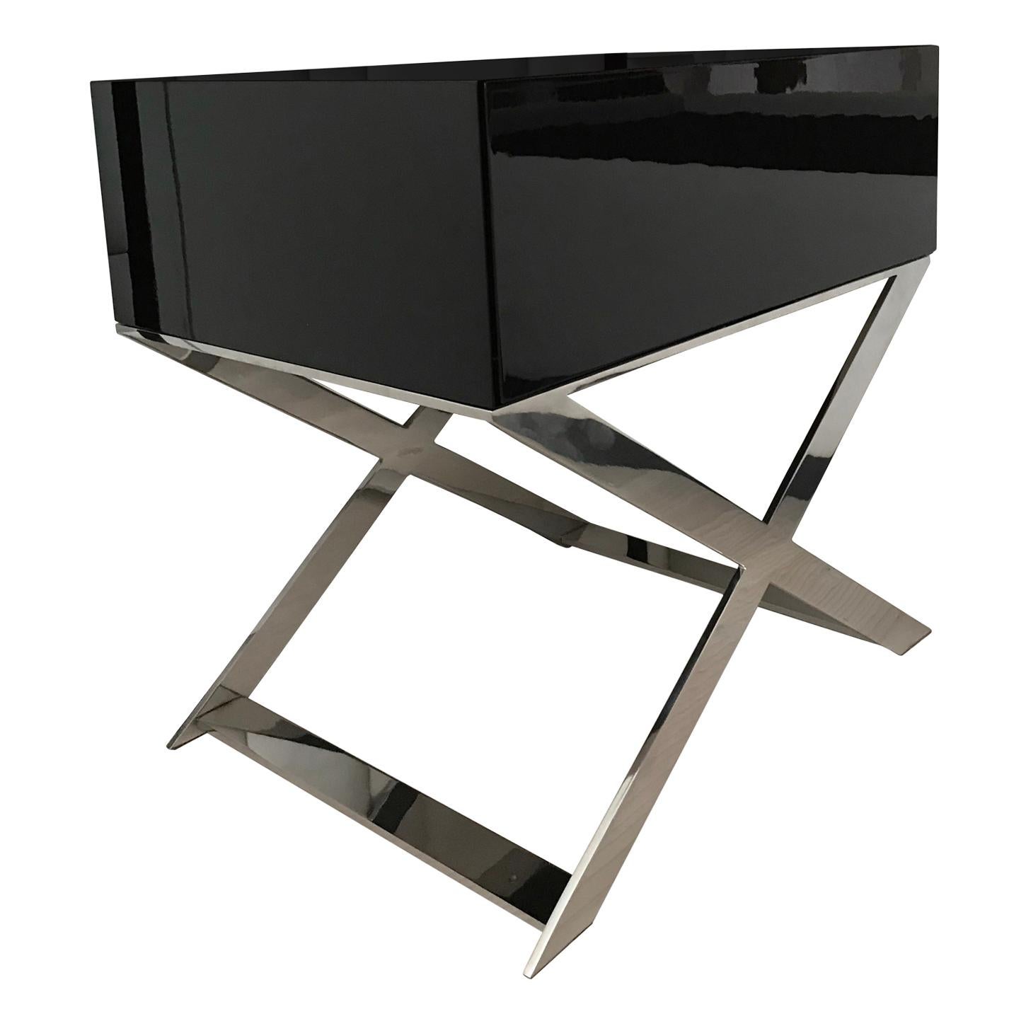 Custom Made X-Leg Bedside Table in Black Lacquered and Polished Stainless Steel For Sale