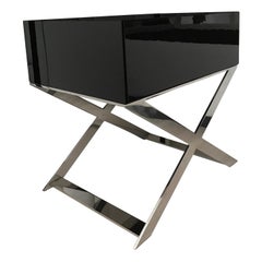 X-Leg Bedside Table in Black Lacquered and Polished Stainless Steel Legs