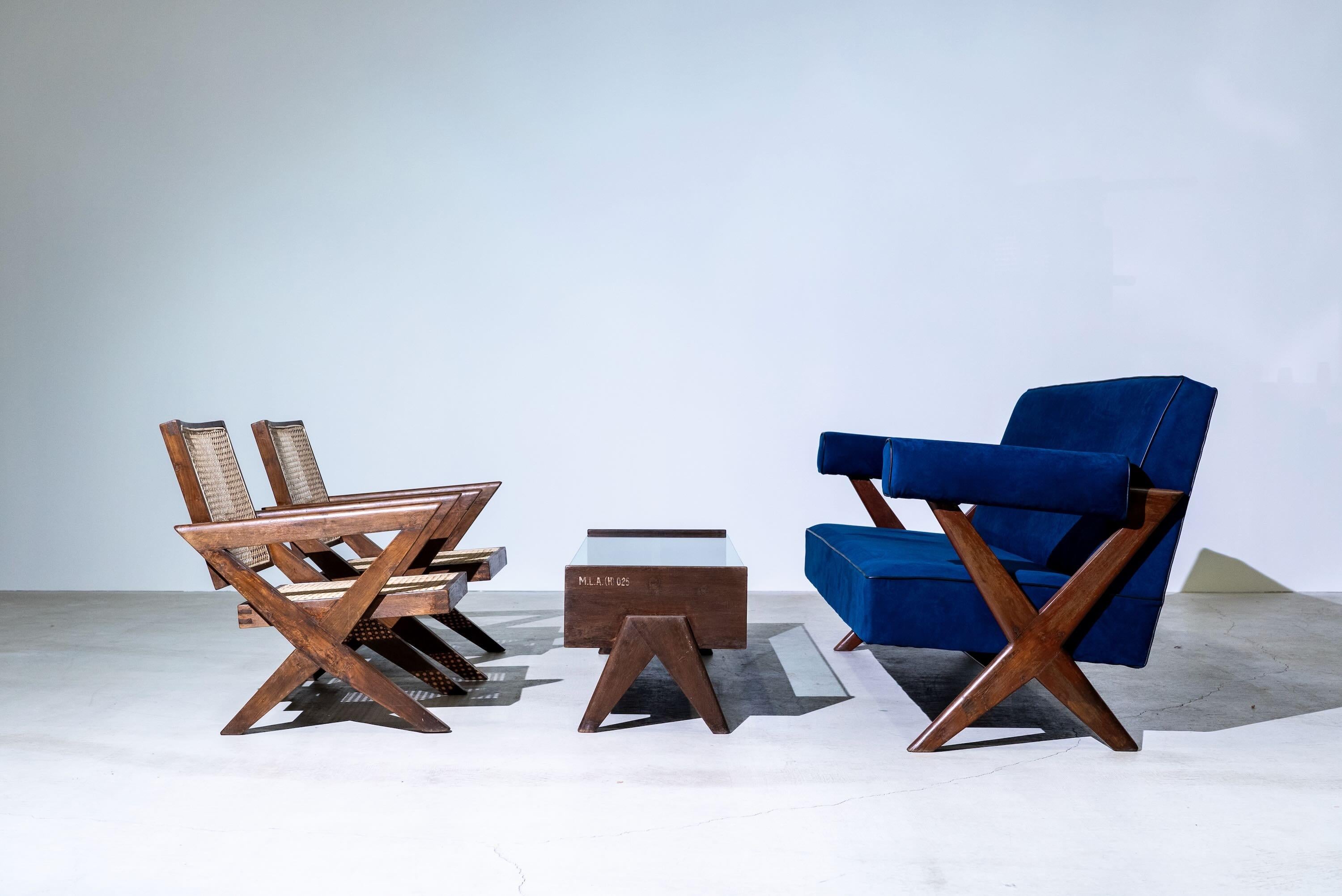 20th Century X-leg Easy Sofa 3-Seater by Pierre Jeanneret for Chandigarh, India, Circa 1960 For Sale