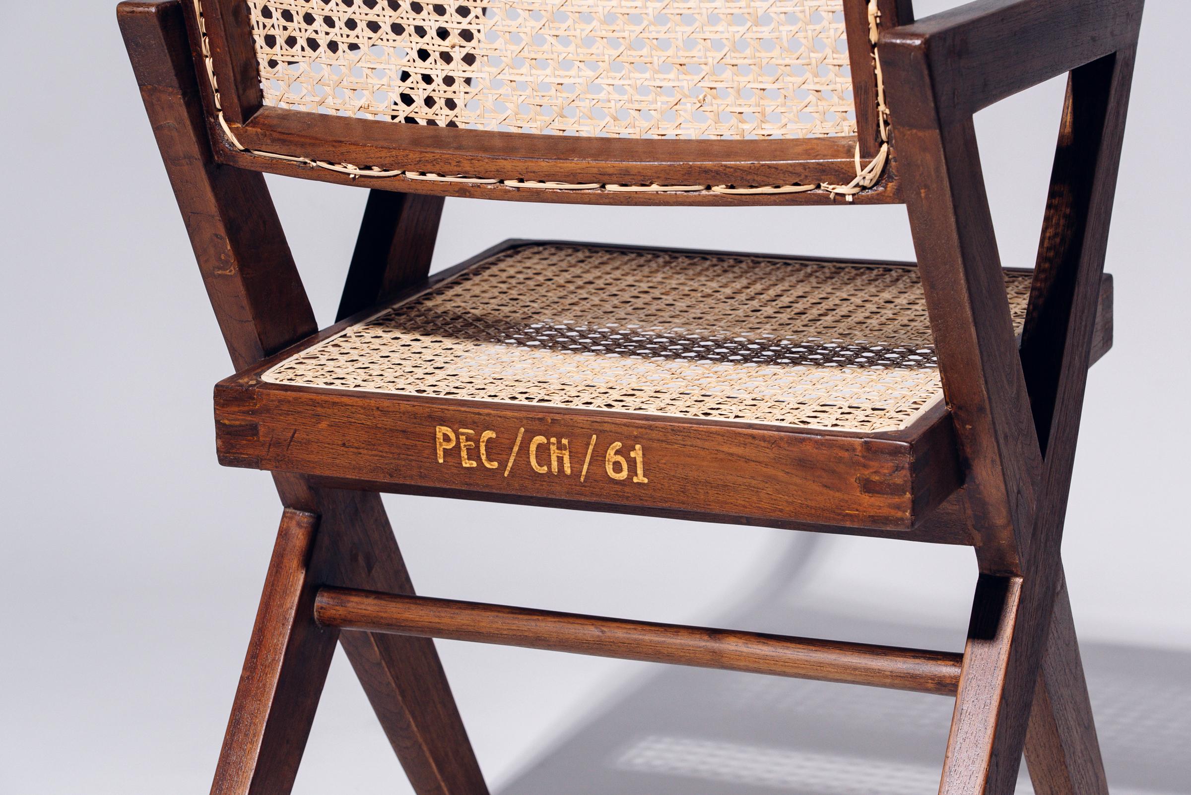 Tessuto a mano Sedia da ufficio con gamba a X di Pierre Jeanneret per Chandigarh, India, circa 1963-64 in vendita