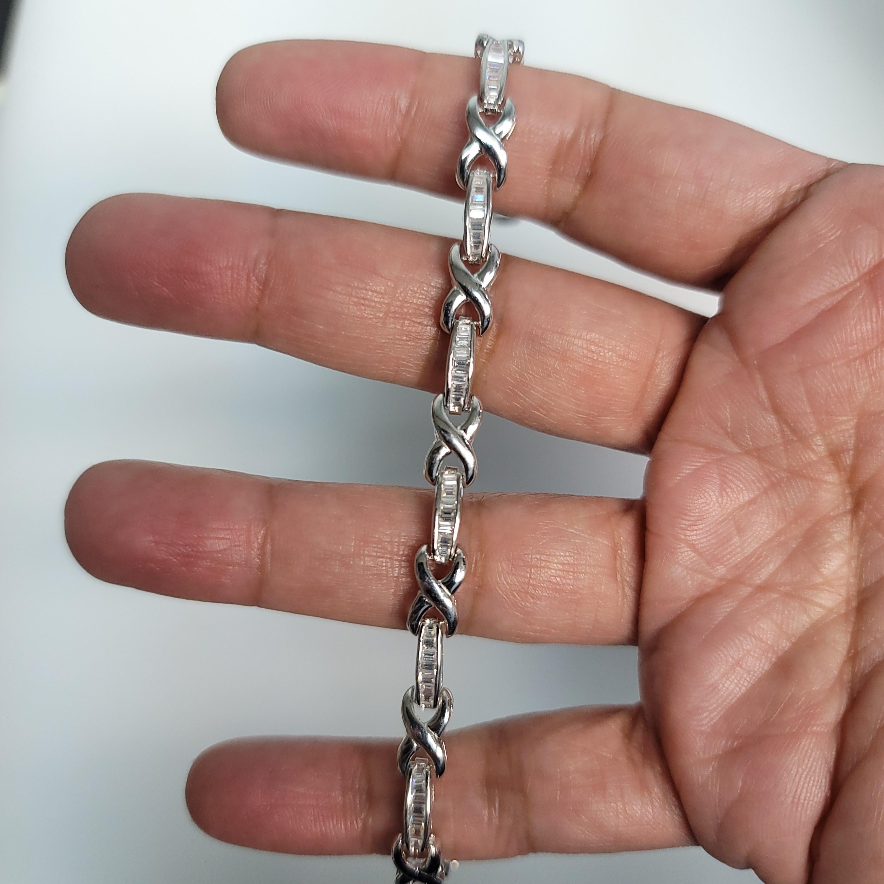 X Pulsera de tenis con diamantes baguette enlazados Oro blanco 14k Corte baguette en venta