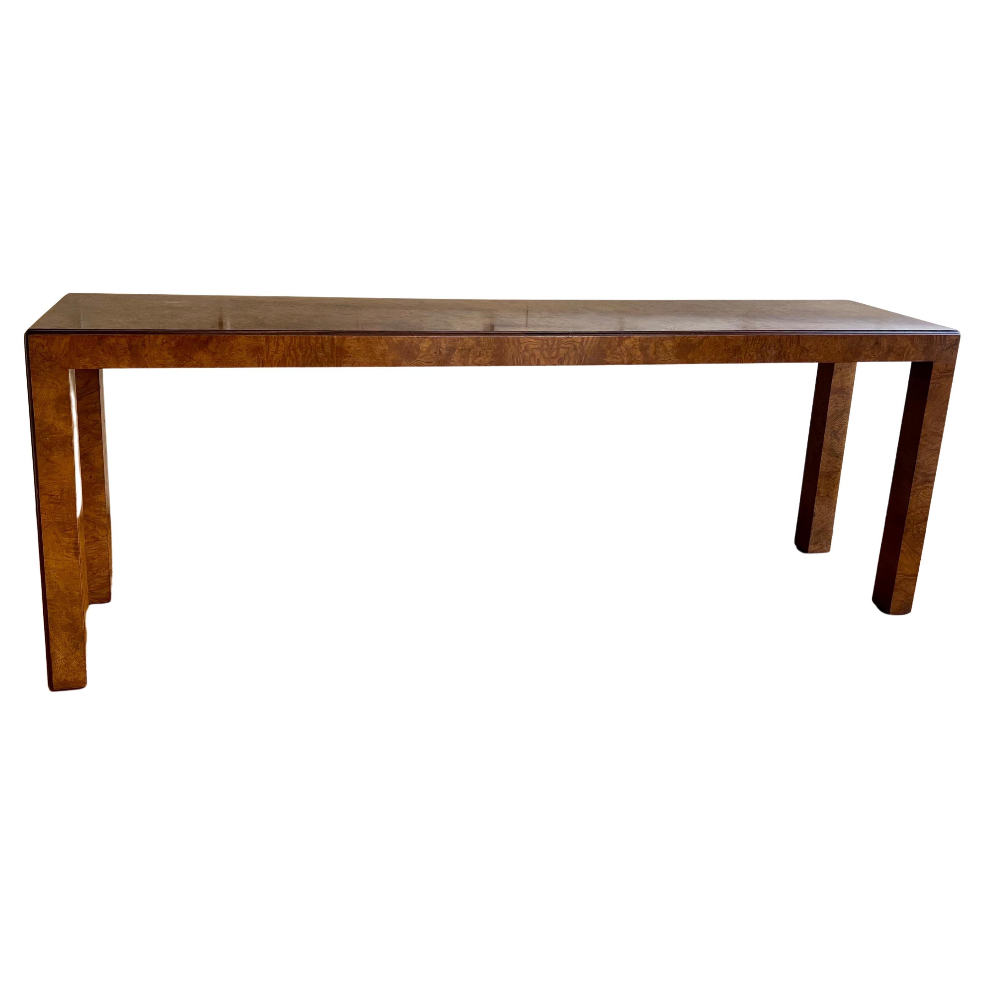 Post-Modern X Long Burl Wood Sofa/Console Parsons Table by John Widdicomb