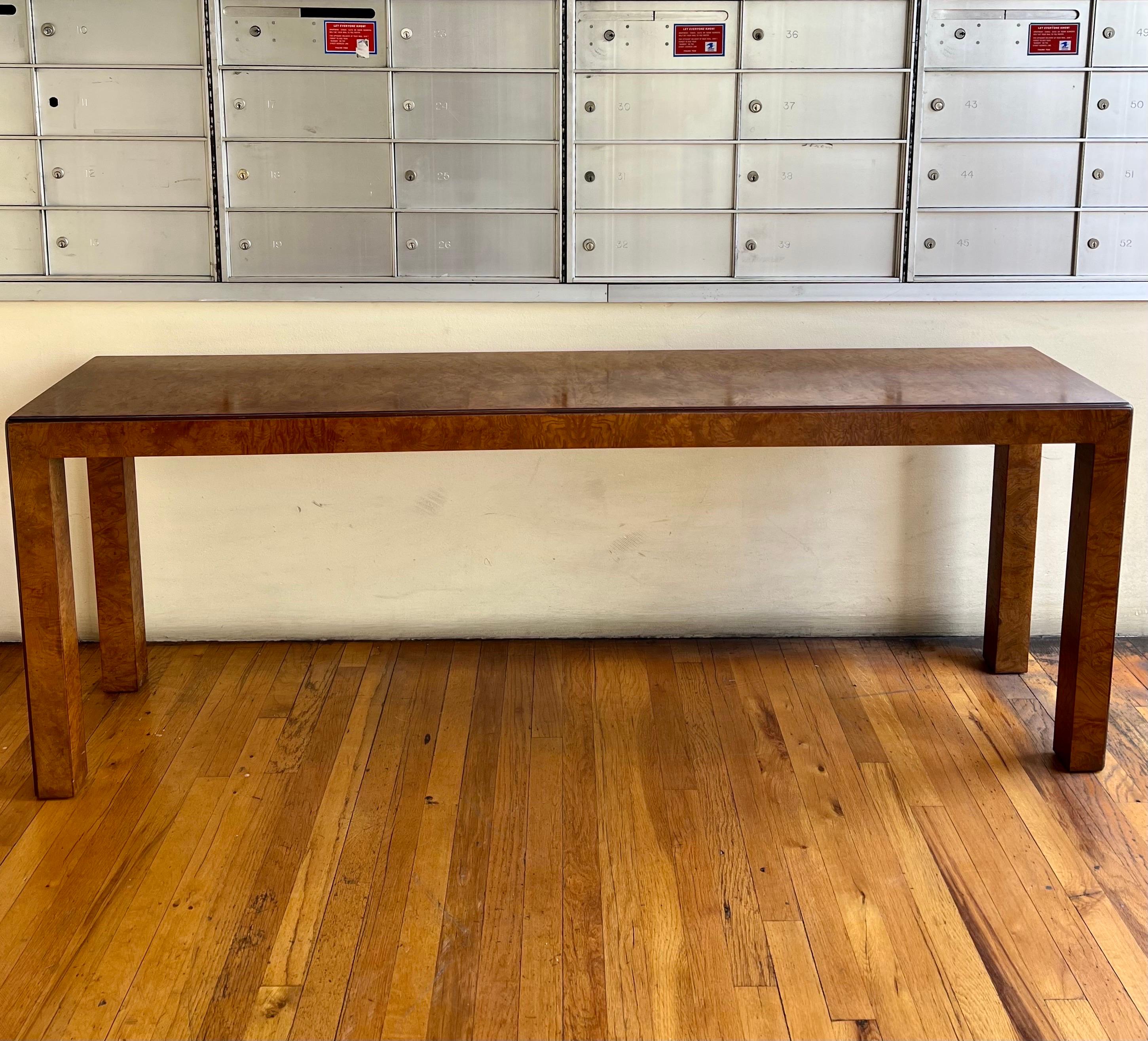 American X Long Burl Wood Sofa/Console Parsons Table by John Widdicomb