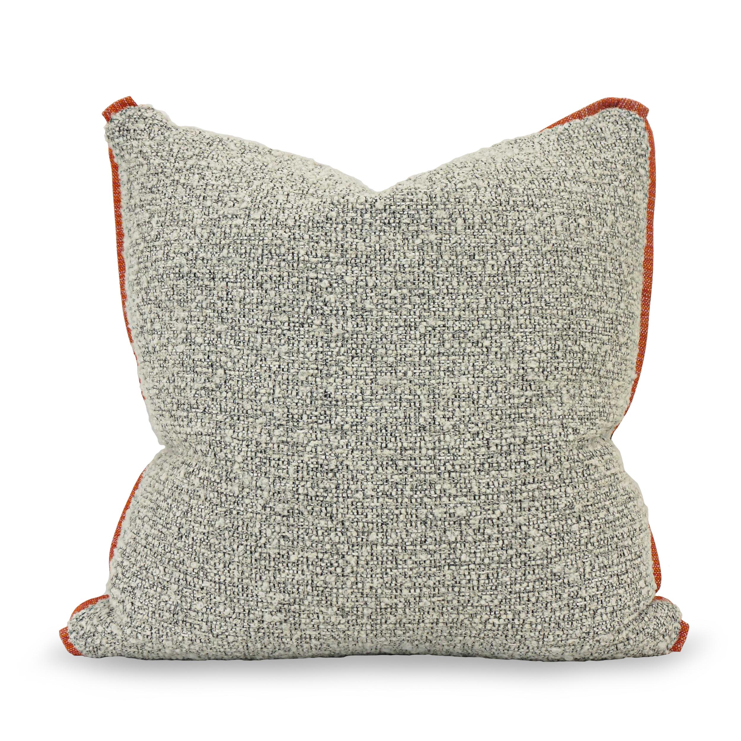 X Pattern Wool Square Pillows with Orange Welting and Boucle Back For Sale 1