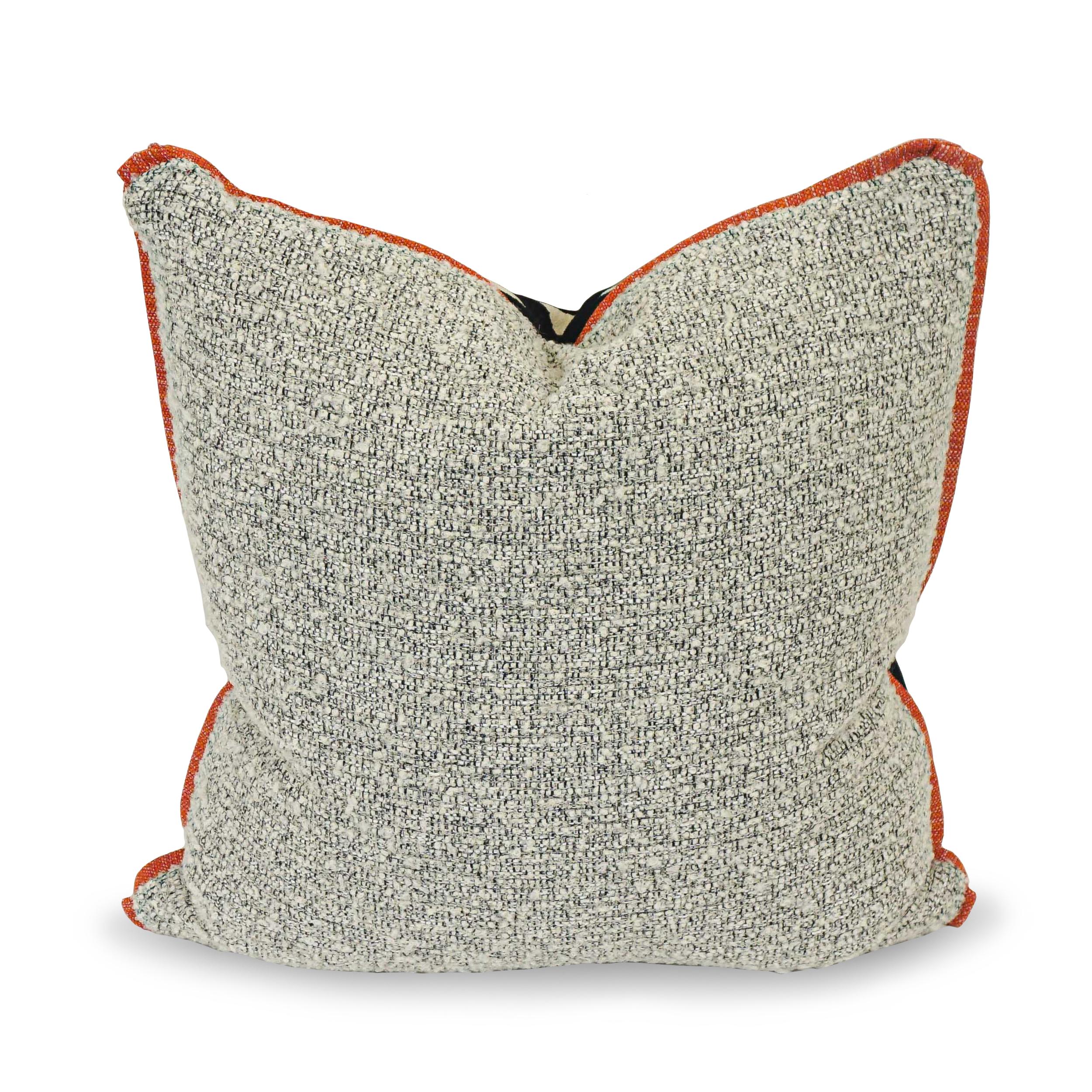 X Pattern Wool Square Pillows with Orange Welting and Boucle Back For Sale 3