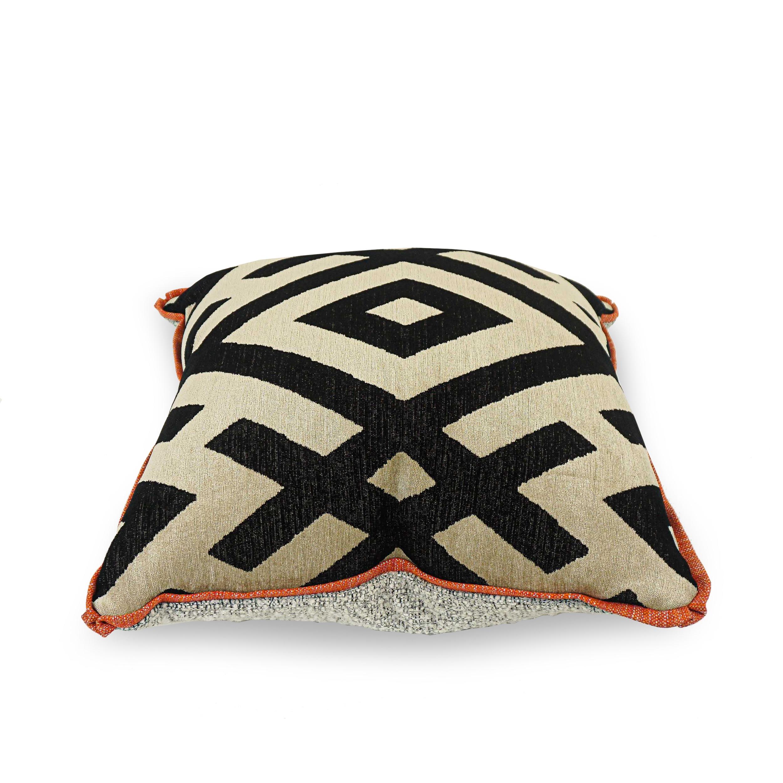 X Pattern Wool Square Pillows with Orange Welting and Boucle Back For Sale 4