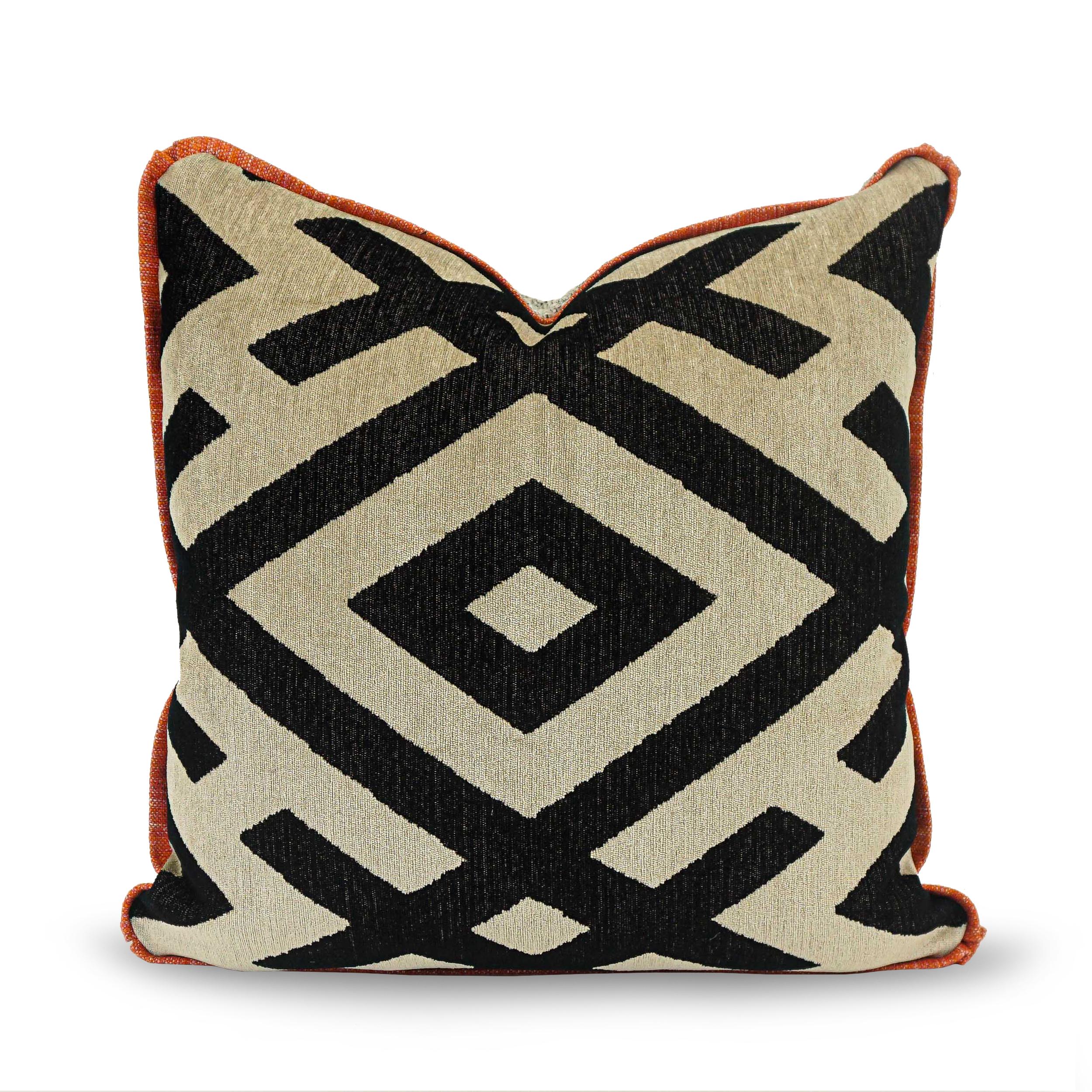 Modern X Pattern Wool Square Pillows with Orange Welting and Boucle Back For Sale