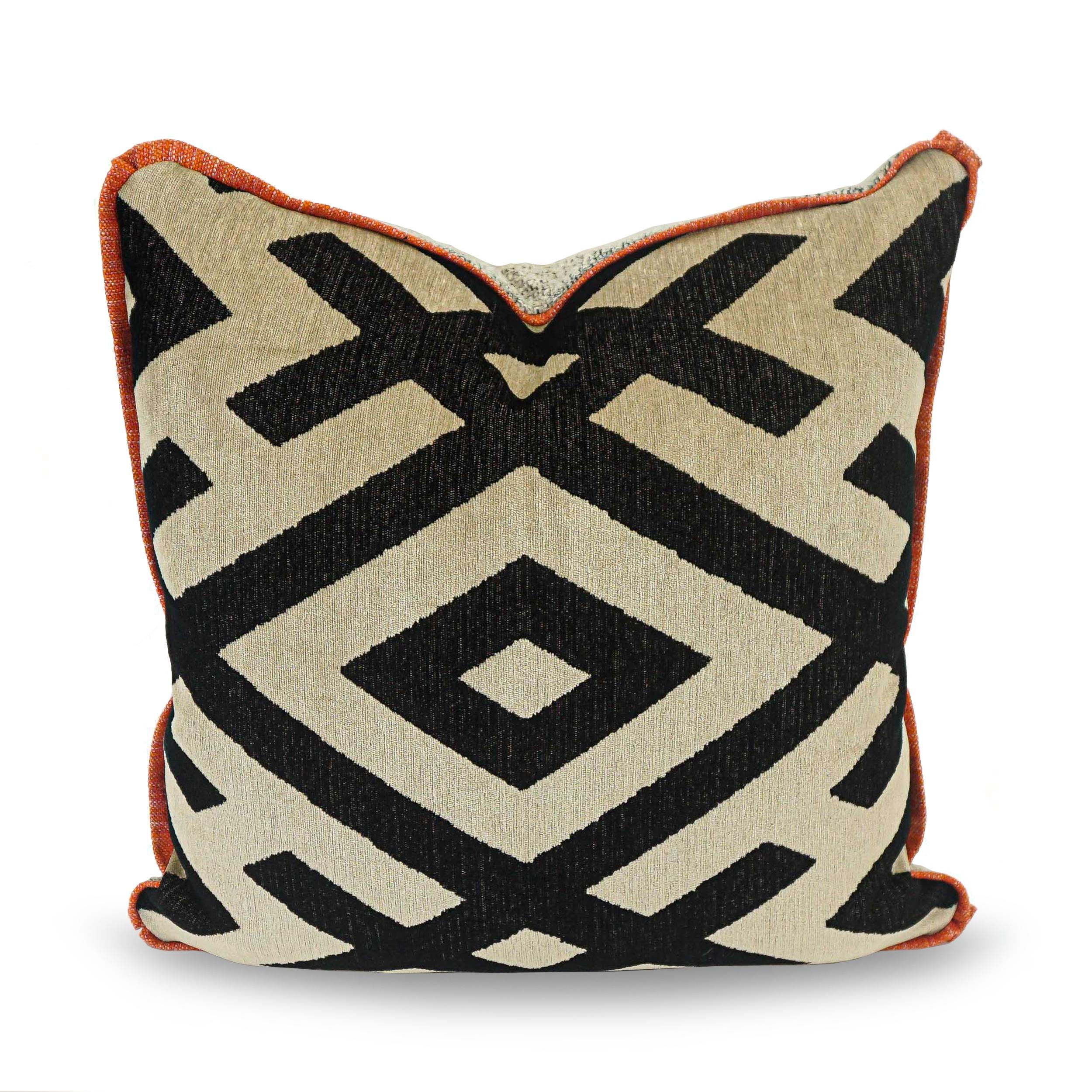 American X Pattern Wool Square Pillows with Orange Welting and Boucle Back For Sale