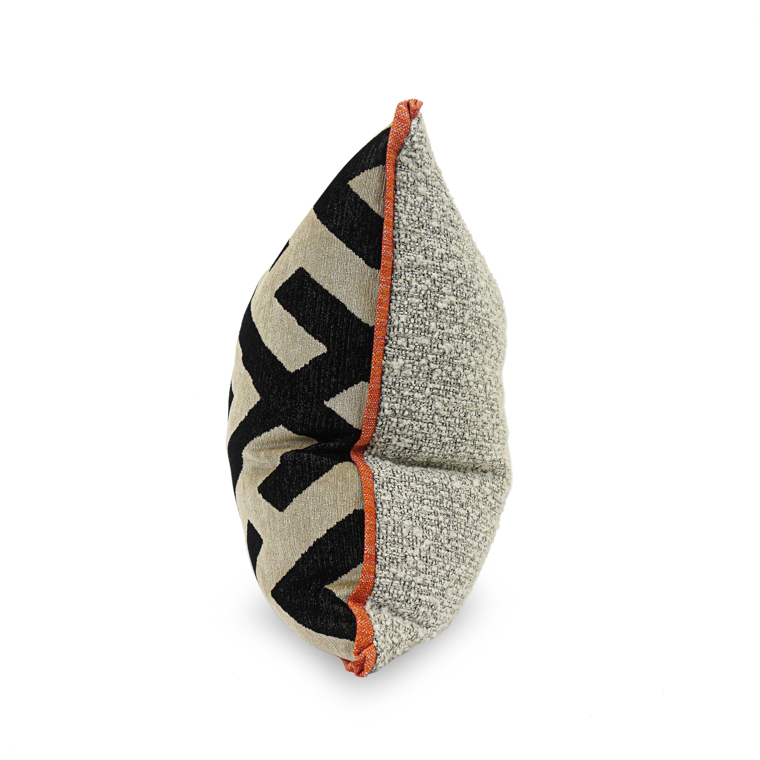 Abalone X Pattern Wool Square Pillows with Orange Welting and Boucle Back For Sale