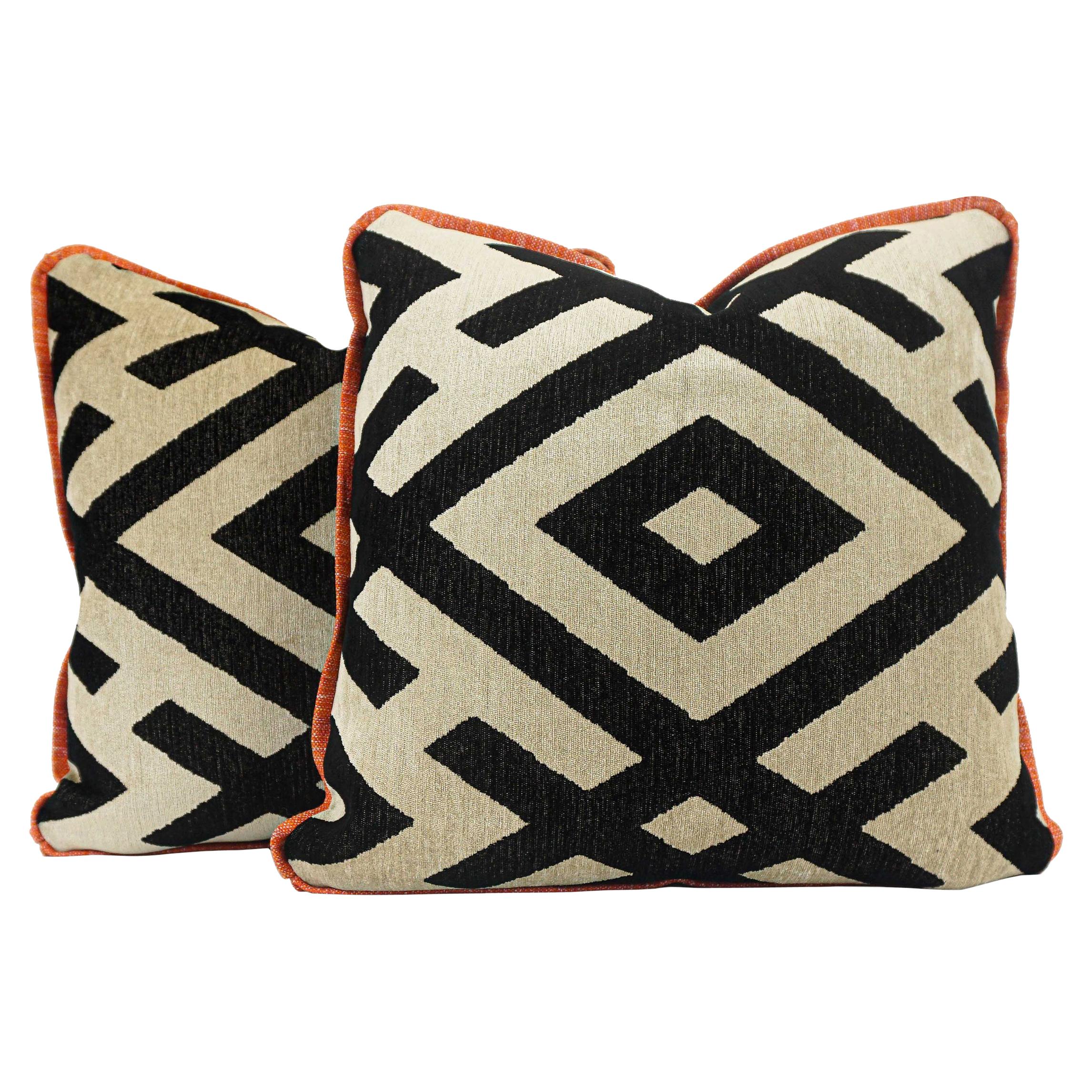 X Pattern Wool Square Pillows with Orange Welting and Boucle Back