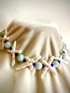X pearls, aquamarine and lapis lazuli necklace
