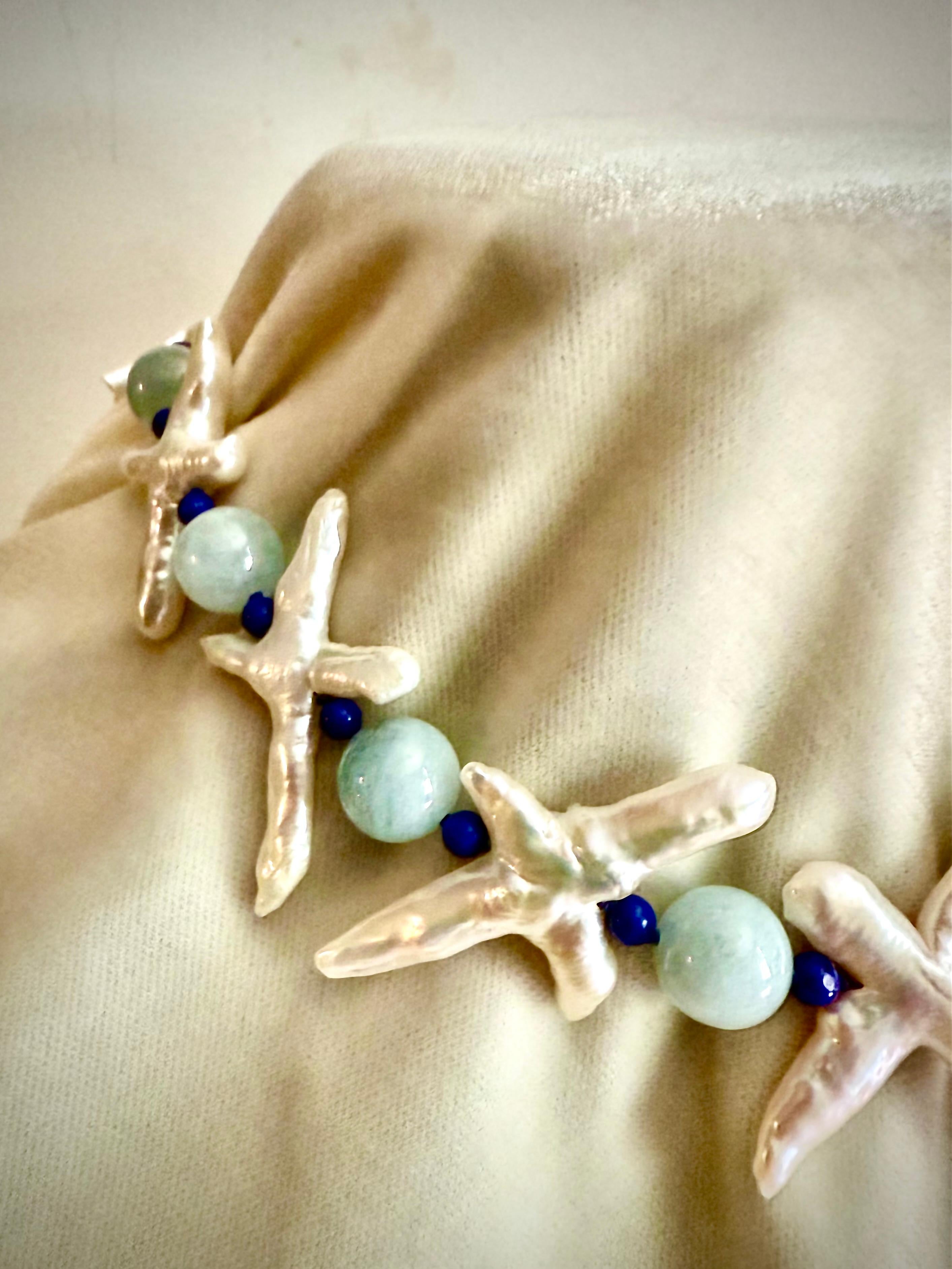 Taglio misto X collana di perle, acquamarina e lapislazzuli in vendita