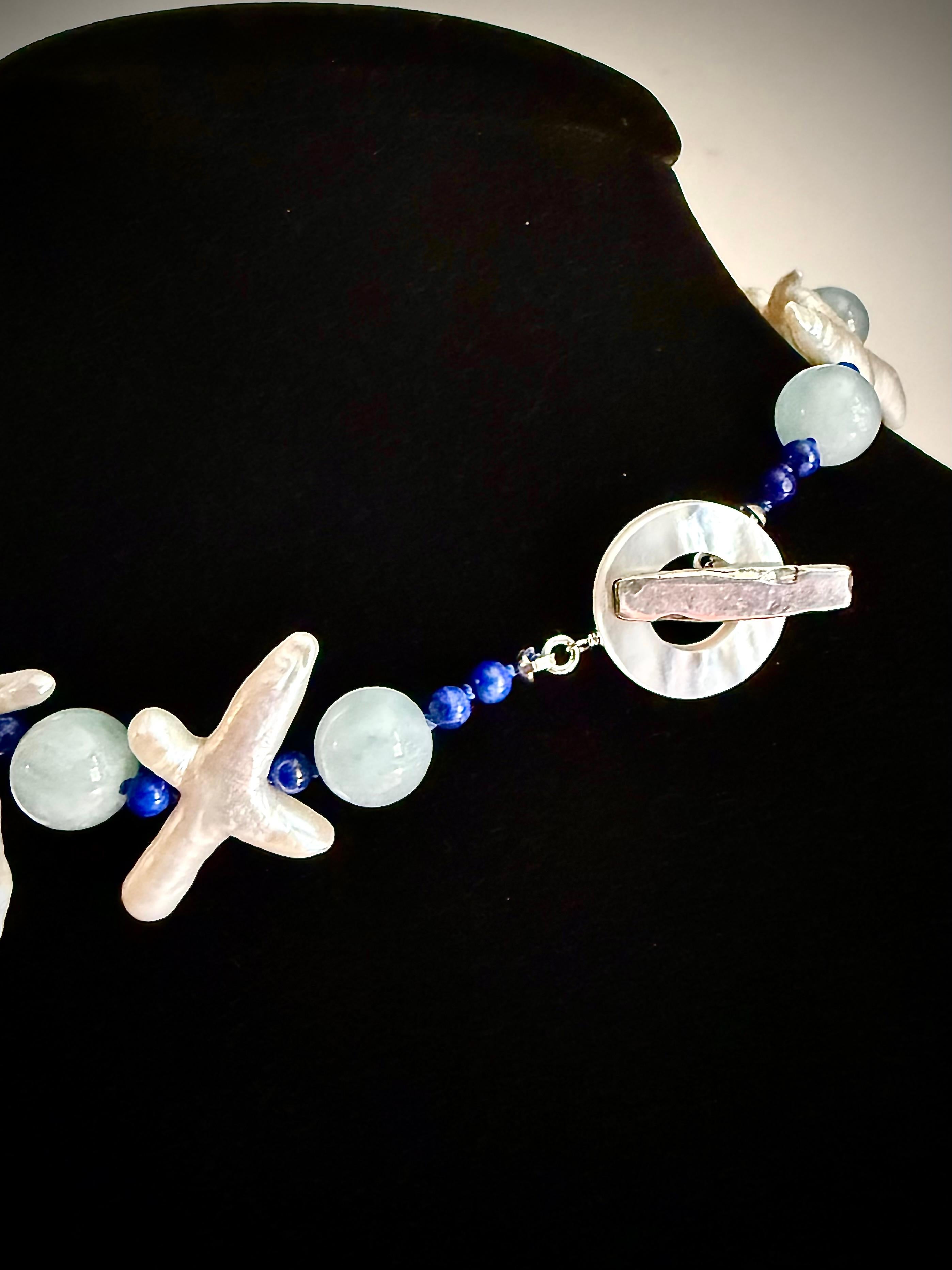 X collana di perle, acquamarina e lapislazzuli in vendita 1