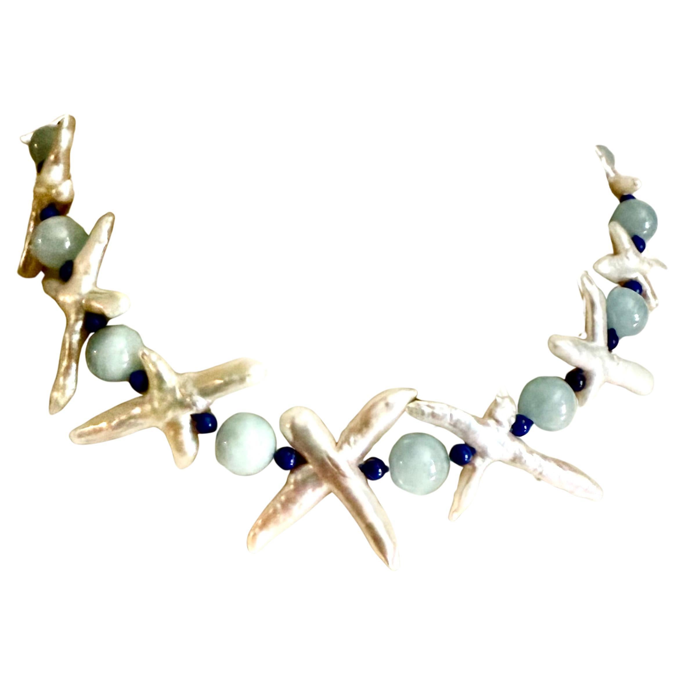 X collana di perle, acquamarina e lapislazzuli in vendita