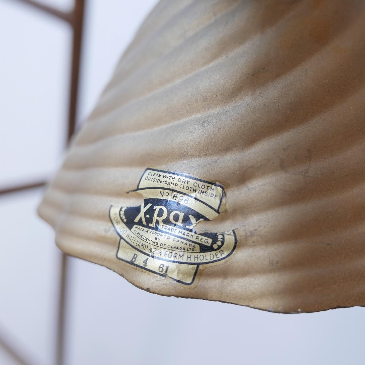 A gold pendant light. 

X-Ray label intact. 

Early 20th century, Canda - sourced in Holland. 

Brass gallery. Rare three bulb extender, also early 20th.

Good condition especially internally. The swirl pattern is particularly good.