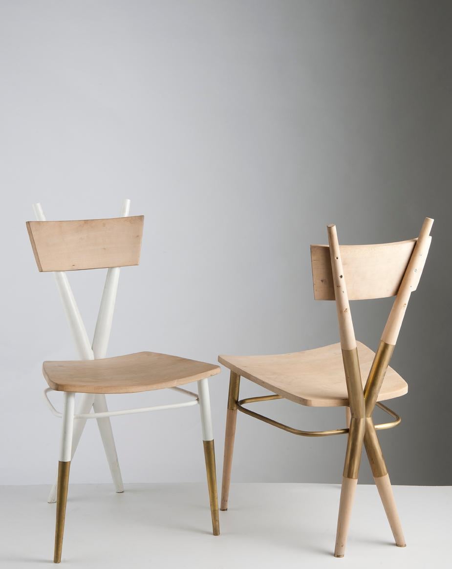 X set of wooden chairs by Sema Topaloglu
Dimensions: 43 x 48 x 80 cm
Materials: Wood, brass details

Sema Topaloglu is known for her dedication to materials, craftsmanship and a unique aesthetic vision. The tactile and visual relations between