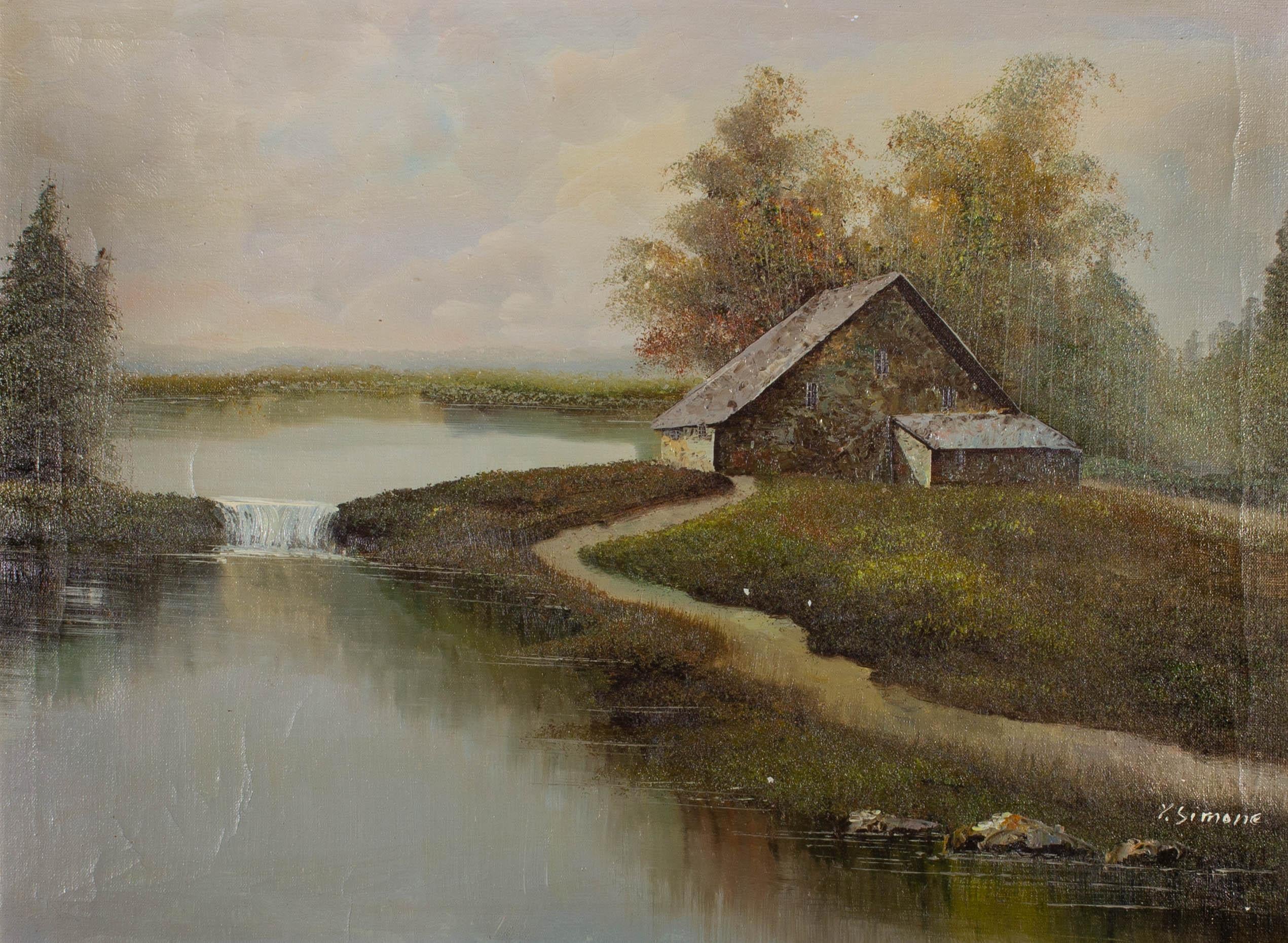 X. Simone – Ölgemälde, Cottage by the Weir, Mitte des 20. Jahrhunderts im Angebot 1