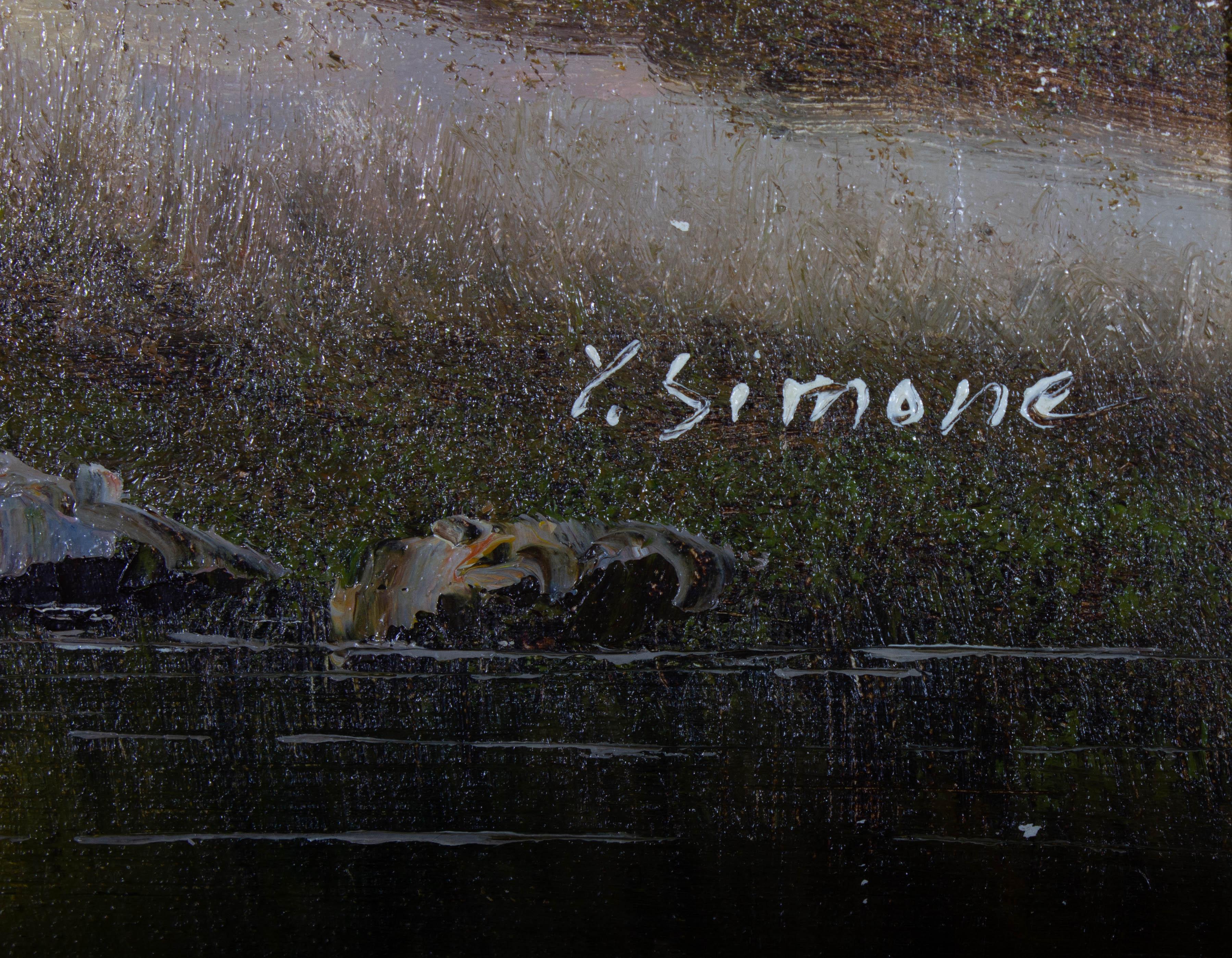 X. Simone – Ölgemälde, Cottage by the Weir, Mitte des 20. Jahrhunderts im Angebot 4