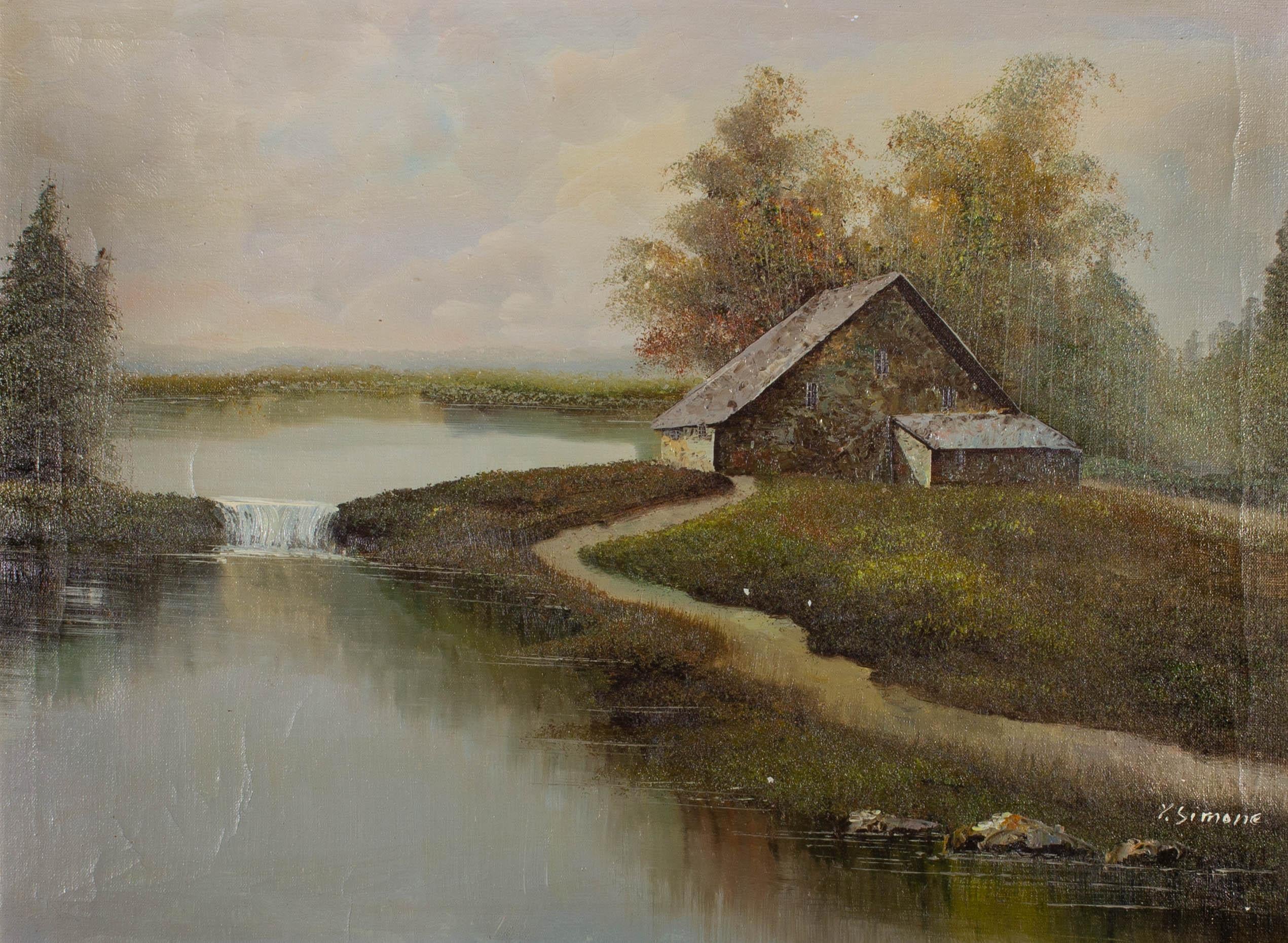 X. Simone - Mid 20th Century Oil, Cottage by the Weir 4