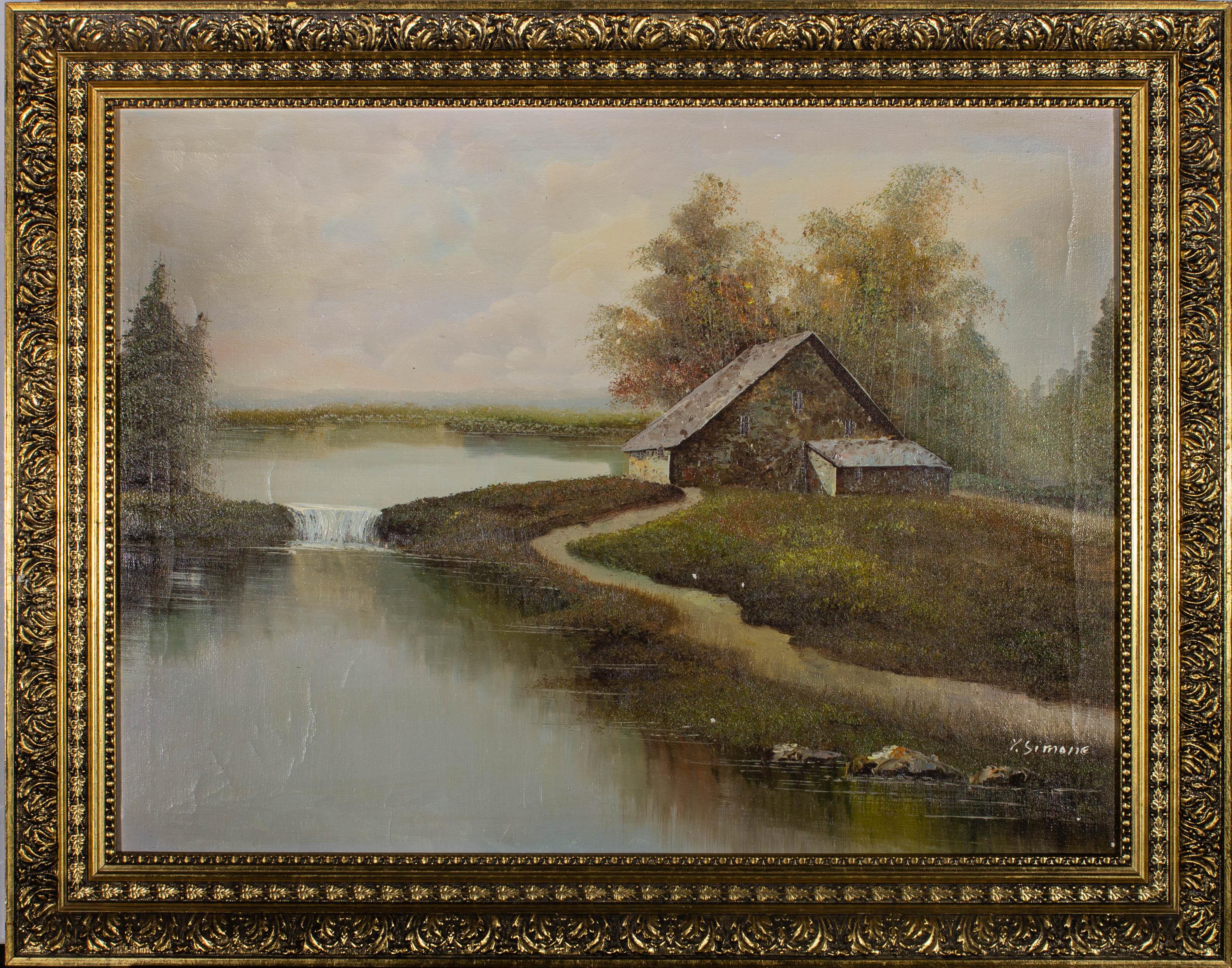 A charming rural scene of a quaint cottage on the edge of a lake. Well presented in a decorative gilt effect frame. Signed. On canvas on stretchers.
