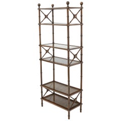 X Stretchers Faux Bamboo Cane and Glass Shelves Étagère Shelves