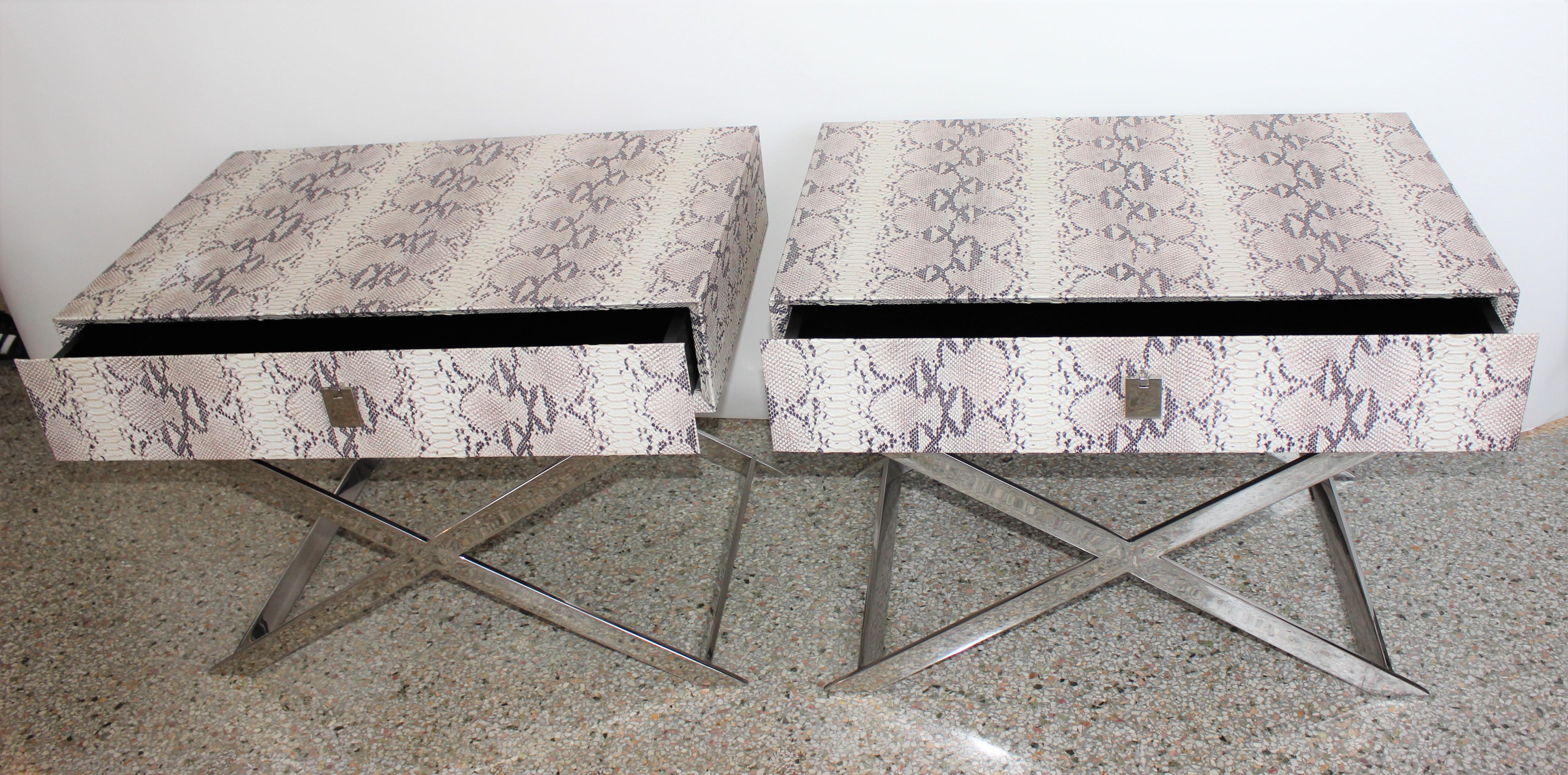 Modern X-Tables Single Drawer Faux Python and Chrome, a Pair