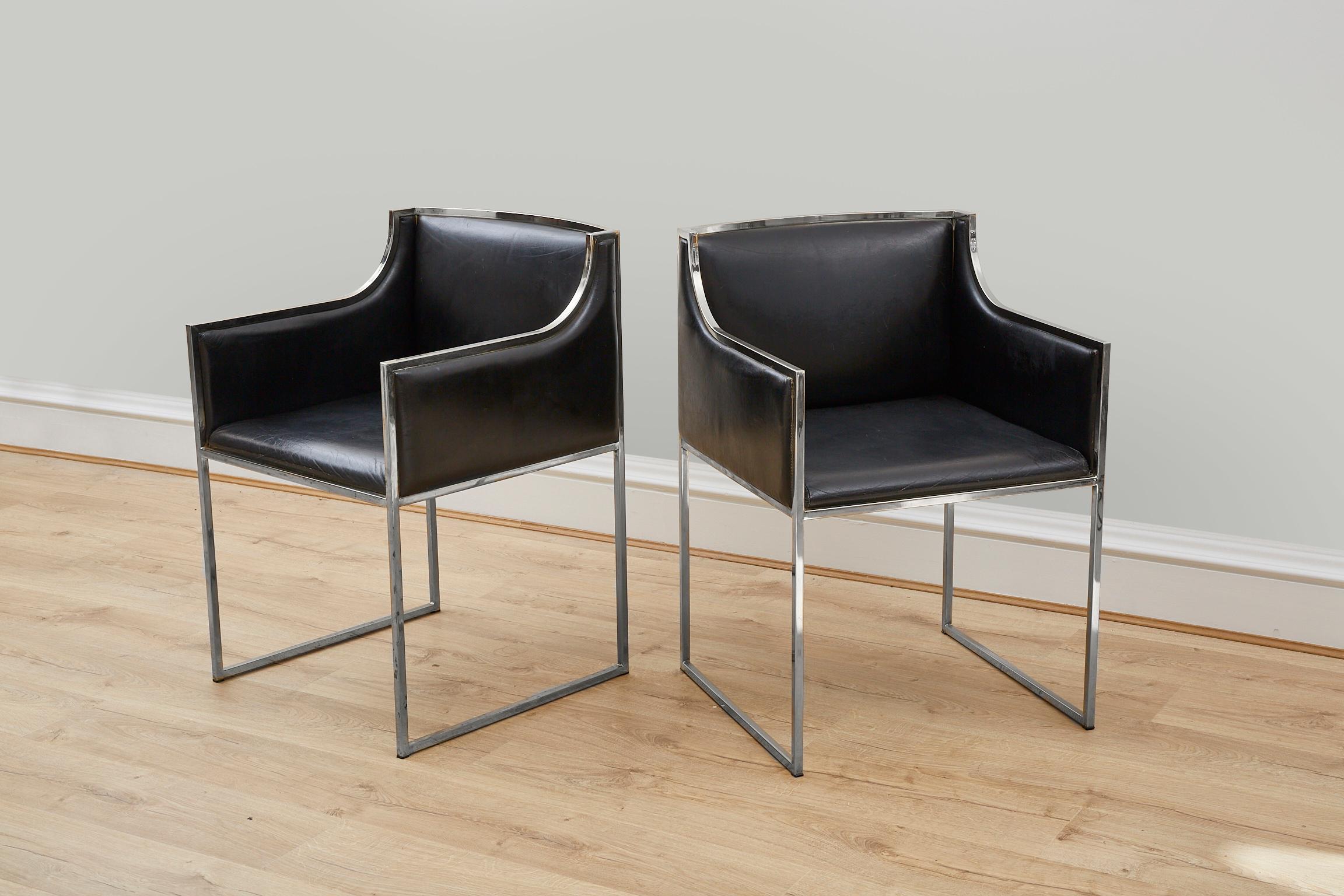Mid-Century Modern x2 Italian Vintage Chairs, Leather with Chrome, Attributed to Willy Rizzo, 1970s