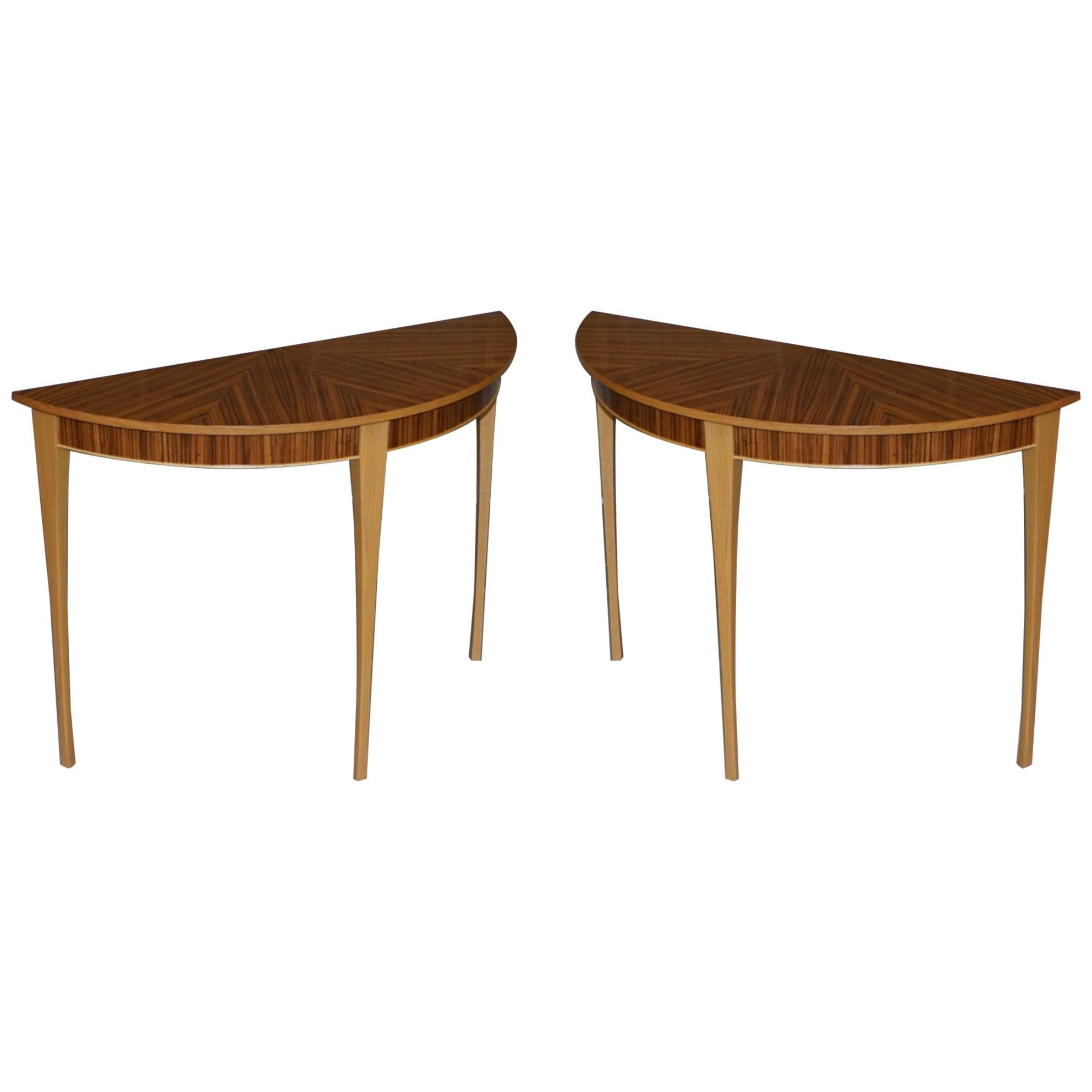 X2 Lovely Bevan Funnell Phoenix Zebrano Wood Demilune Console Tables