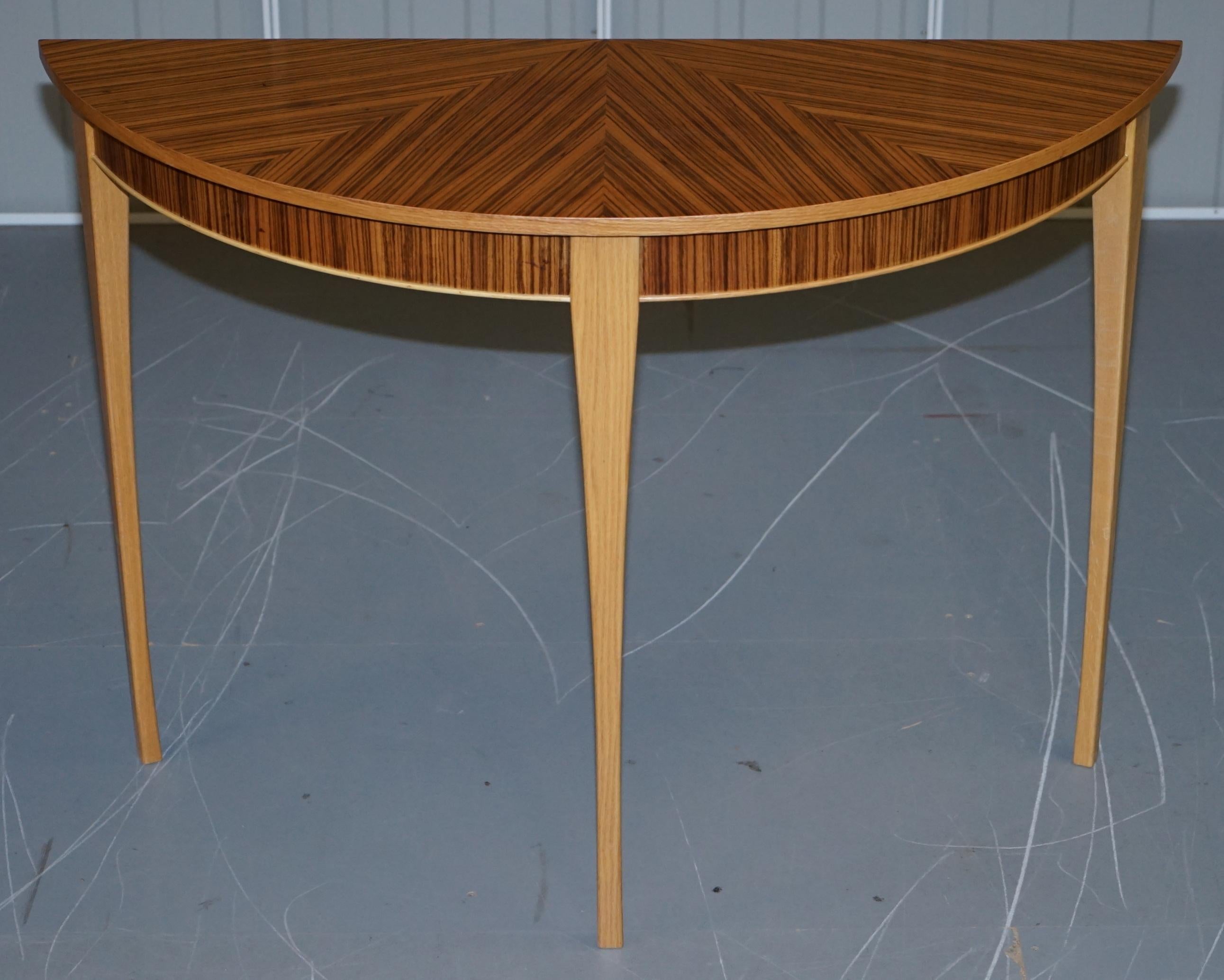 Modern X2 Lovely Bevan Funnell Phoenix Zebrano Wood Demilune Console Tables For Sale