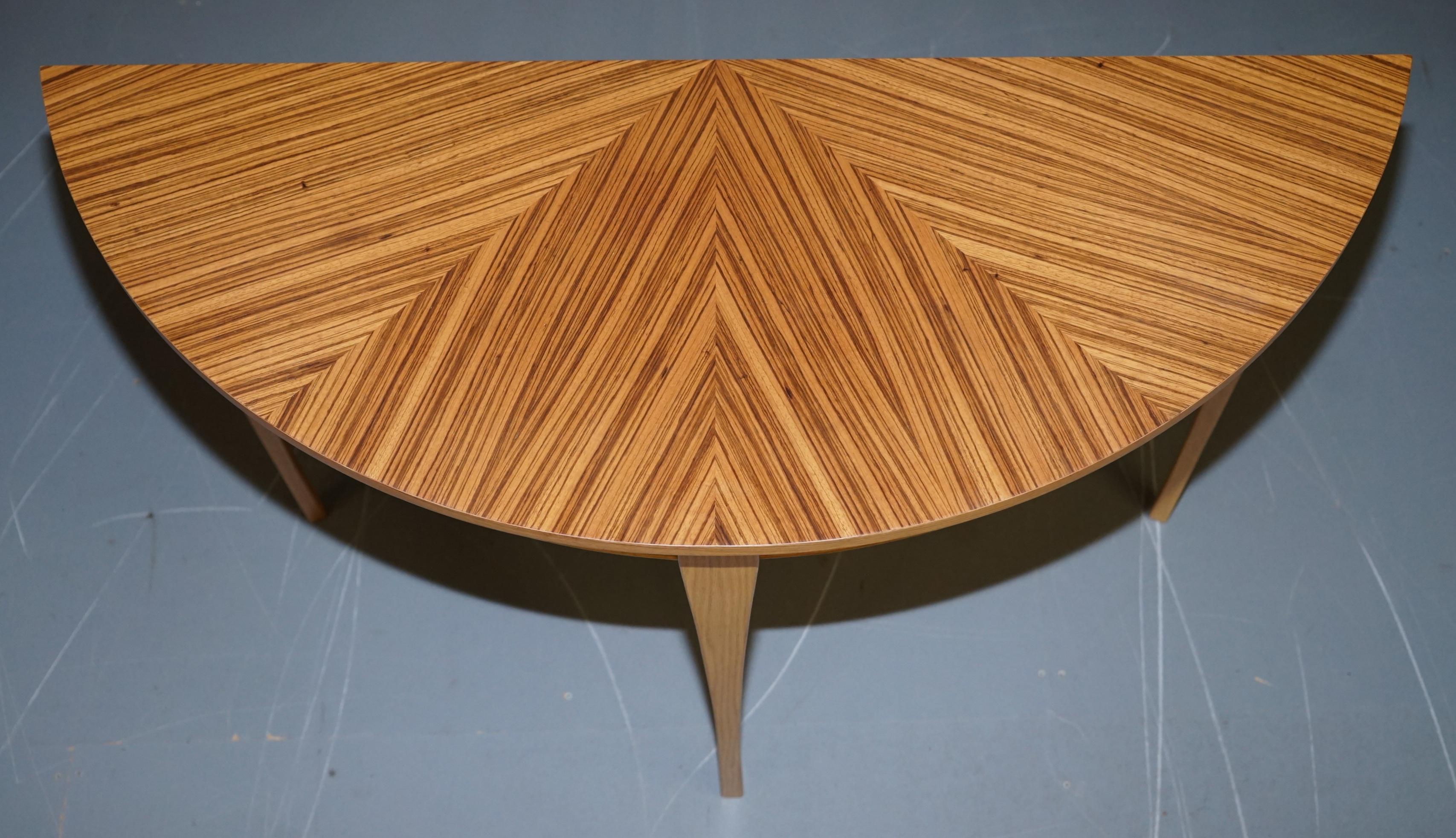 Hand-Crafted X2 Lovely Bevan Funnell Phoenix Zebrano Wood Demilune Console Tables For Sale